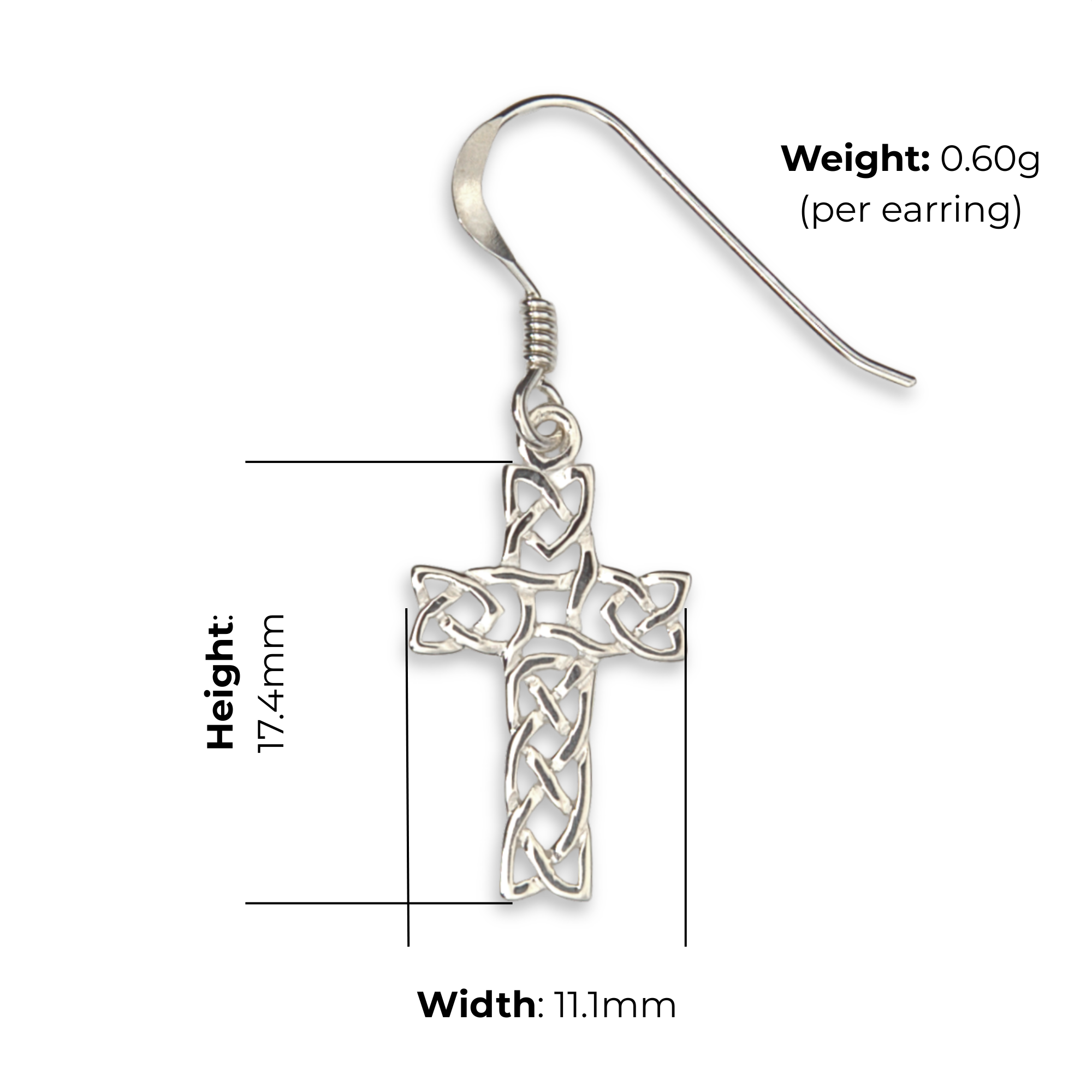 Sterling Silver Celtic Knotwork Cross Drop Earrings, open interlaced plaitwork, flared arm terminals, fish hook fitting, product dimensions shown, width 11.1mm, height 17.4mm, weight 0.6g per earring