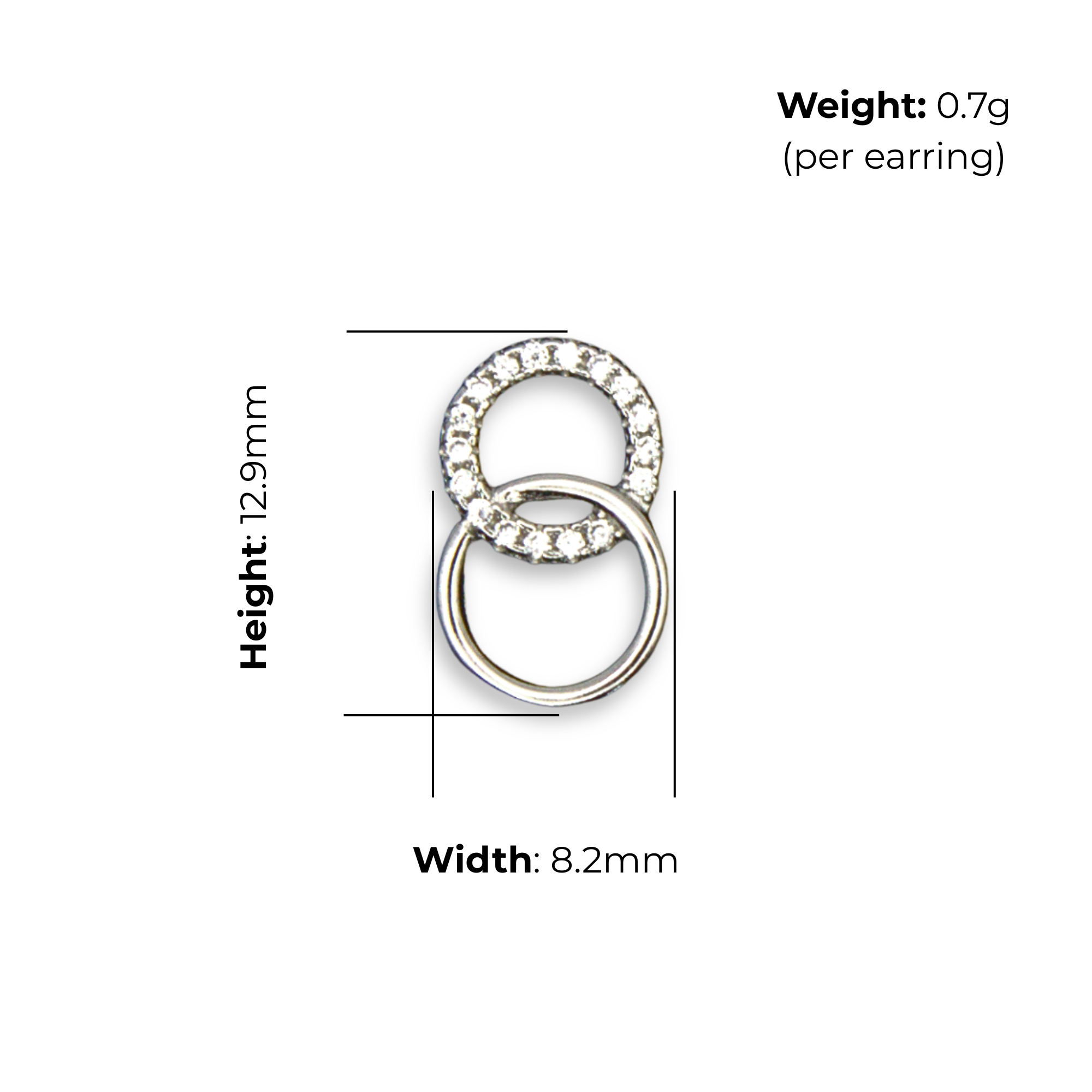Sterling Silver Interlocking Circles Stud Earrings, Pave-Set CZ, product dimensions shown, width 8.2mm, height 12.9mm, weight 0.7g per earring.
