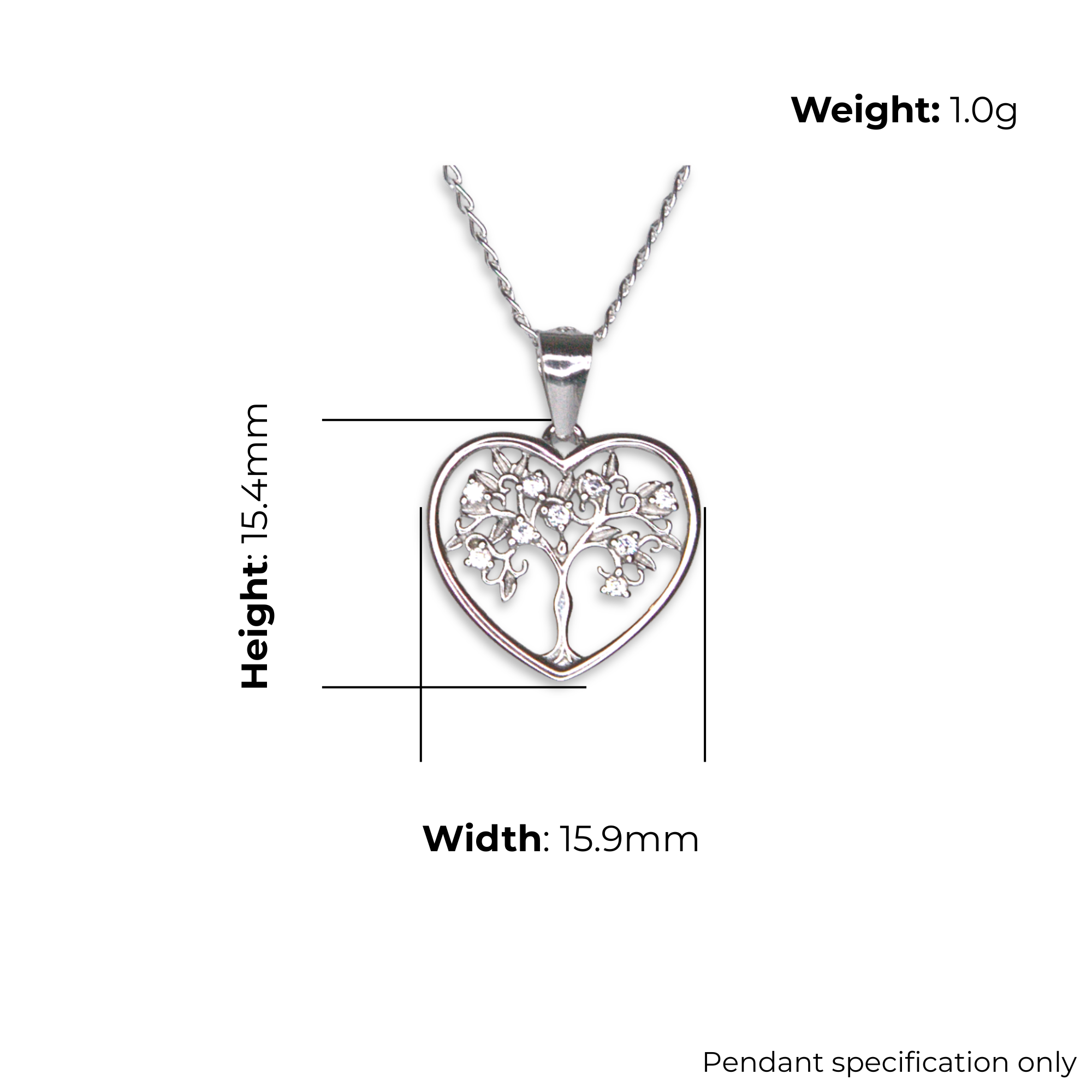 Sterling Silver Tree of Life Heart Pendant, Pave-Set CZ Detail, product dimensions shown, width 15.9mm, height 15.4mm, weight 1.0g, pendant specification only.