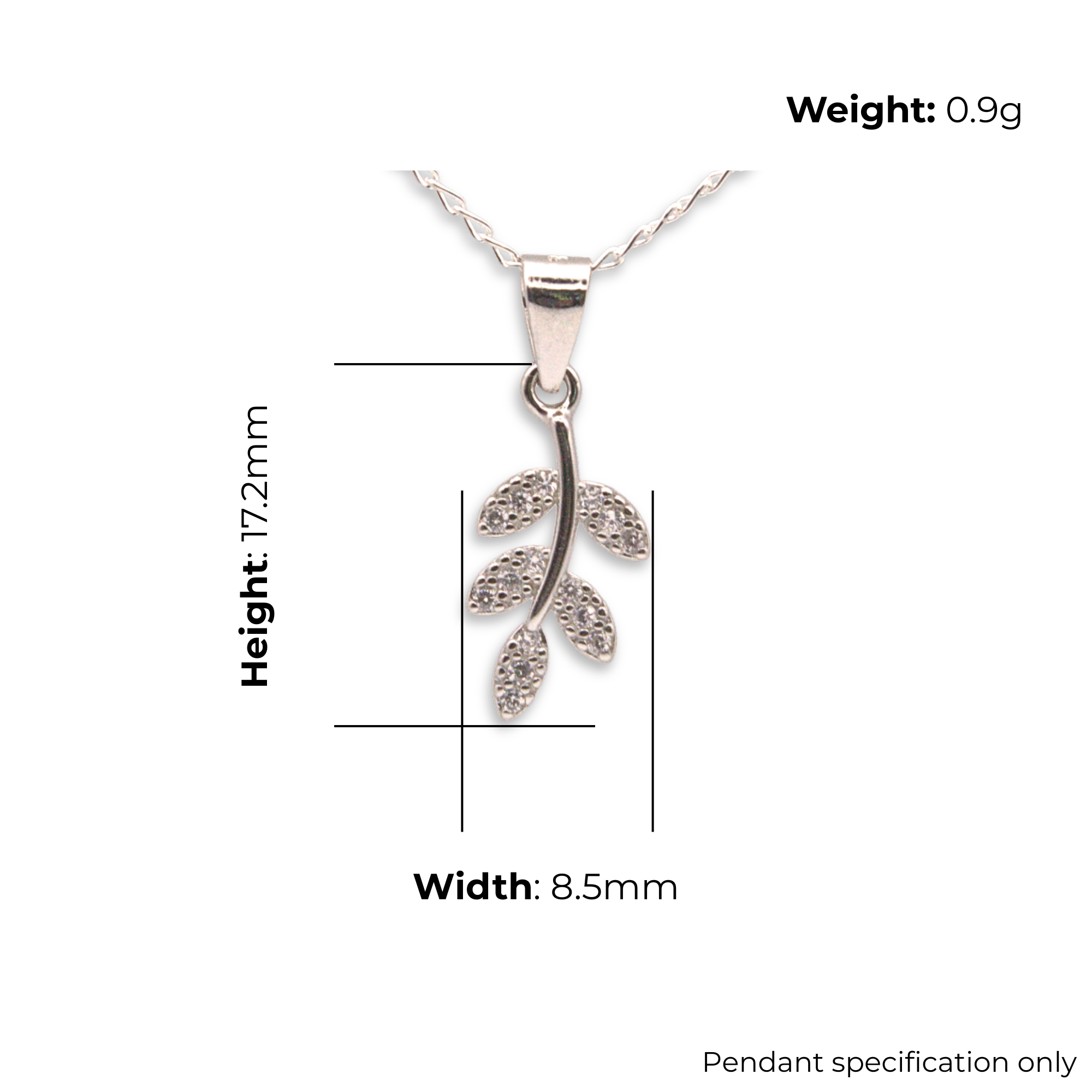 Sterling Silver Leaf Branch CZ Pendant, product dimensions shown, width 8.5mm, height 17.2mm, weight 0.9g, pendant specification only