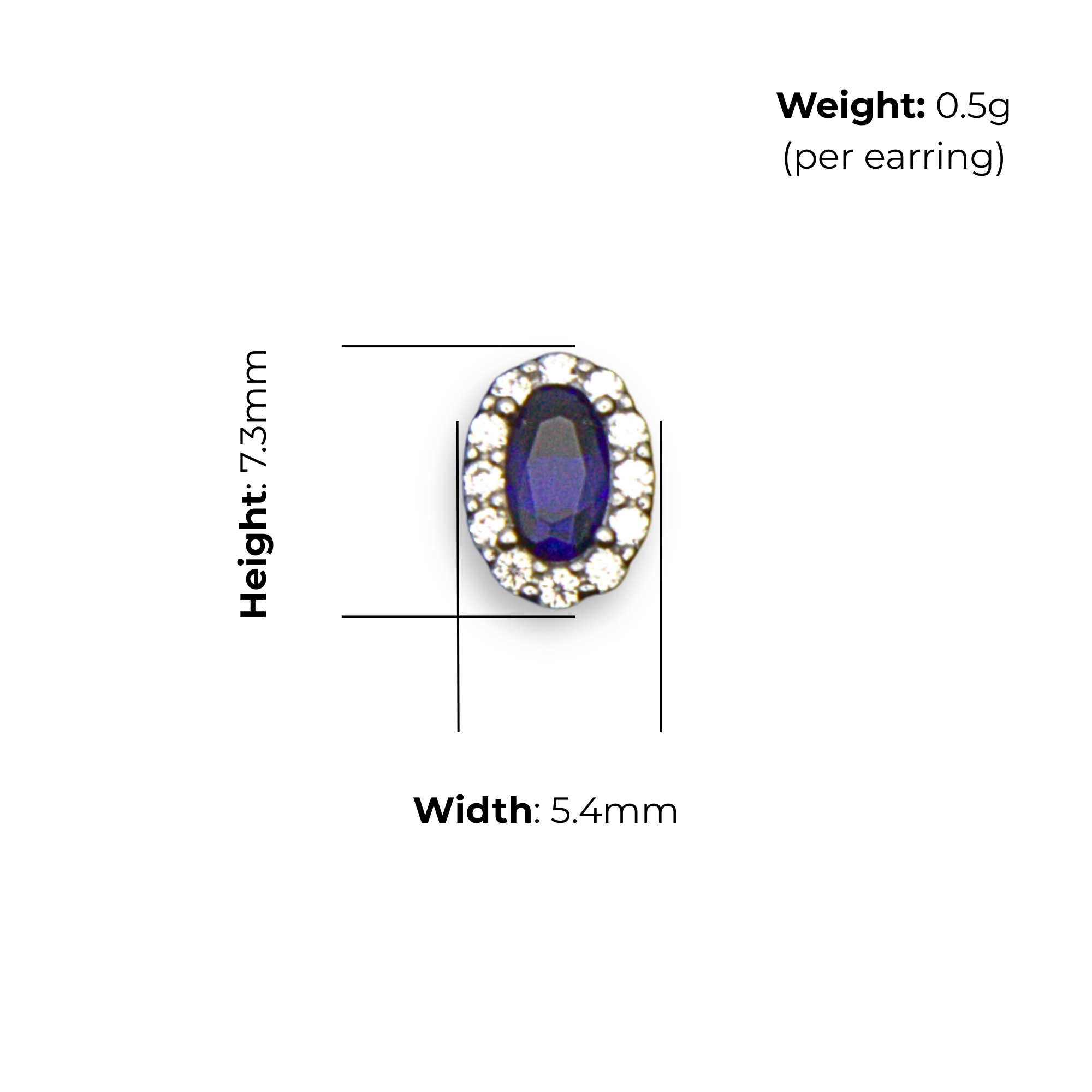 Sterling Silver Oval Halo Stud Earrings, Blue Stone, product dimensions shown, width 5.4mm, height 7.3mm, weight 0.5g per earring.