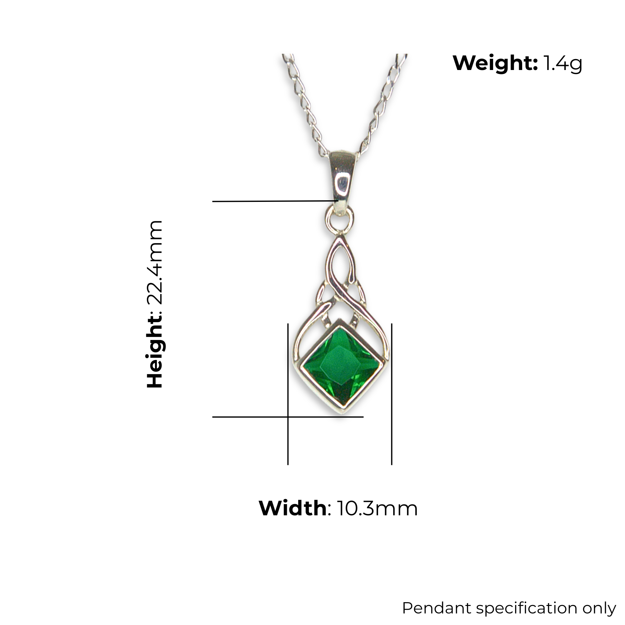 Sterling Silver Celtic Knotwork Teardrop Pendant, square green stone bezel set, diamond orientation, product dimensions shown, width 10.3mm, height 22.4mm, weight 1.4g, pendant specification only.