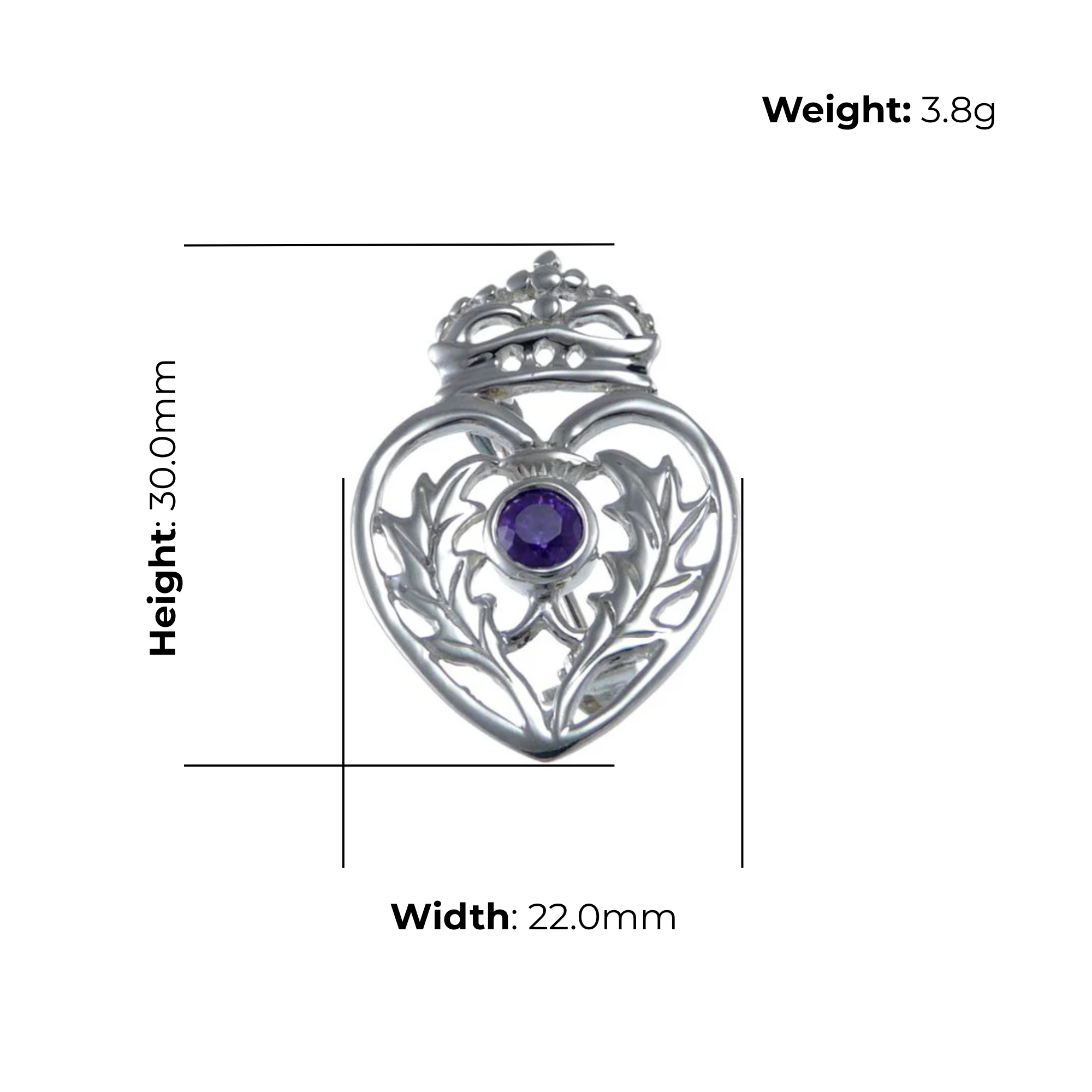 Sterling Silver Luckenbooth Brooch, crowned heart with amethyst, product dimensions shown, width 22mm, height 30mm, weight 3.8g