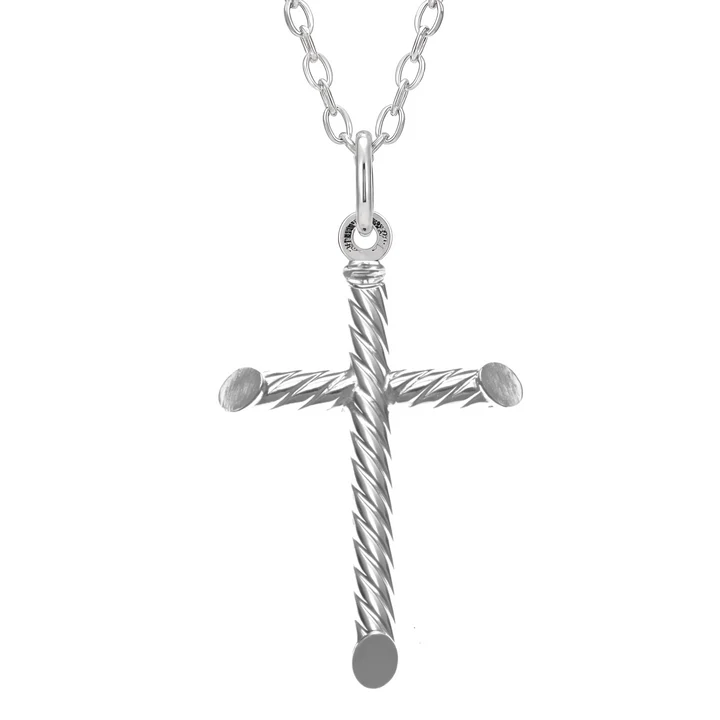 Sterling Silver cross pendant, rope twist tubular arms, disc pad terminals, helical textured surface, 38mm