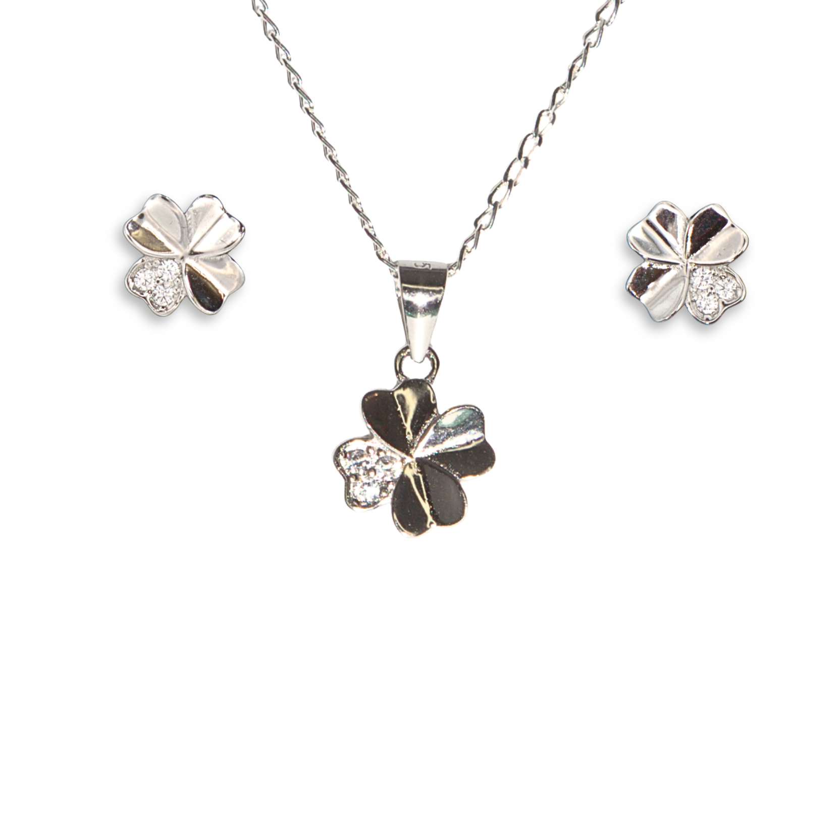 Silver Donna Ricardo Four-Leaf Clover Pendant & Stud Earring Set (DRS4001)