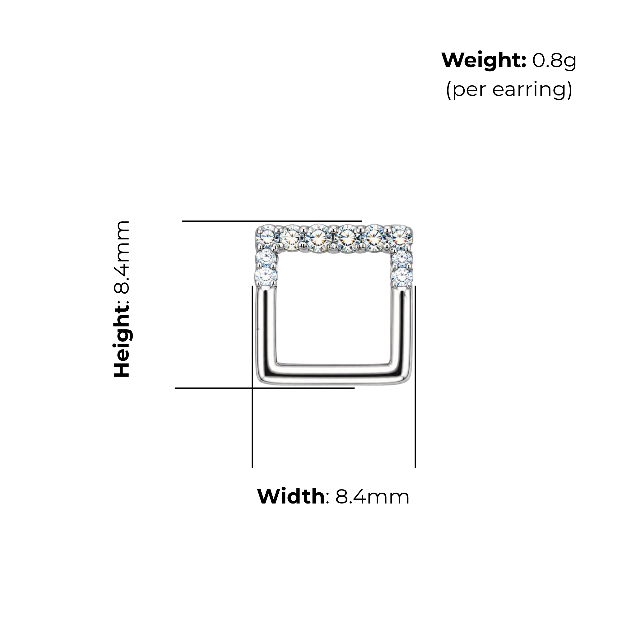 Sterling Silver Open Square Stud Earrings, Pave-Set CZ, product dimensions shown, width 8.4mm, height 8.4mm, weight 0.8g per earring.