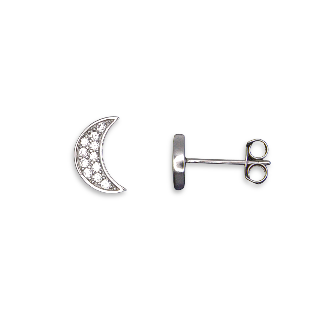 Sterling Silver Crescent Moon CZ Stud Earrings