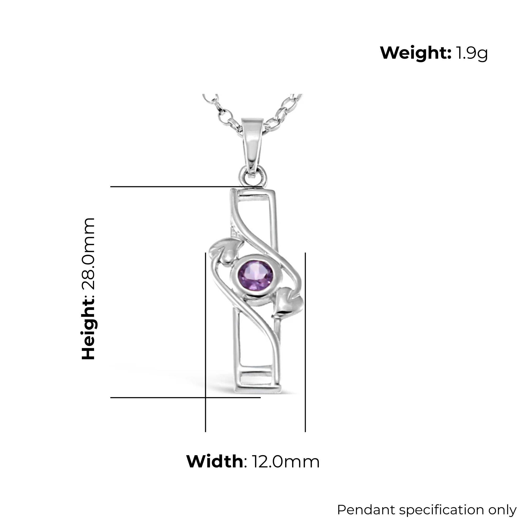 Sterling Silver Charles Rennie Mackintosh Column Pendant, botanical stem design, product dimensions shown, width 12mm, height 28mm, weight 1.9g, pendant specification only