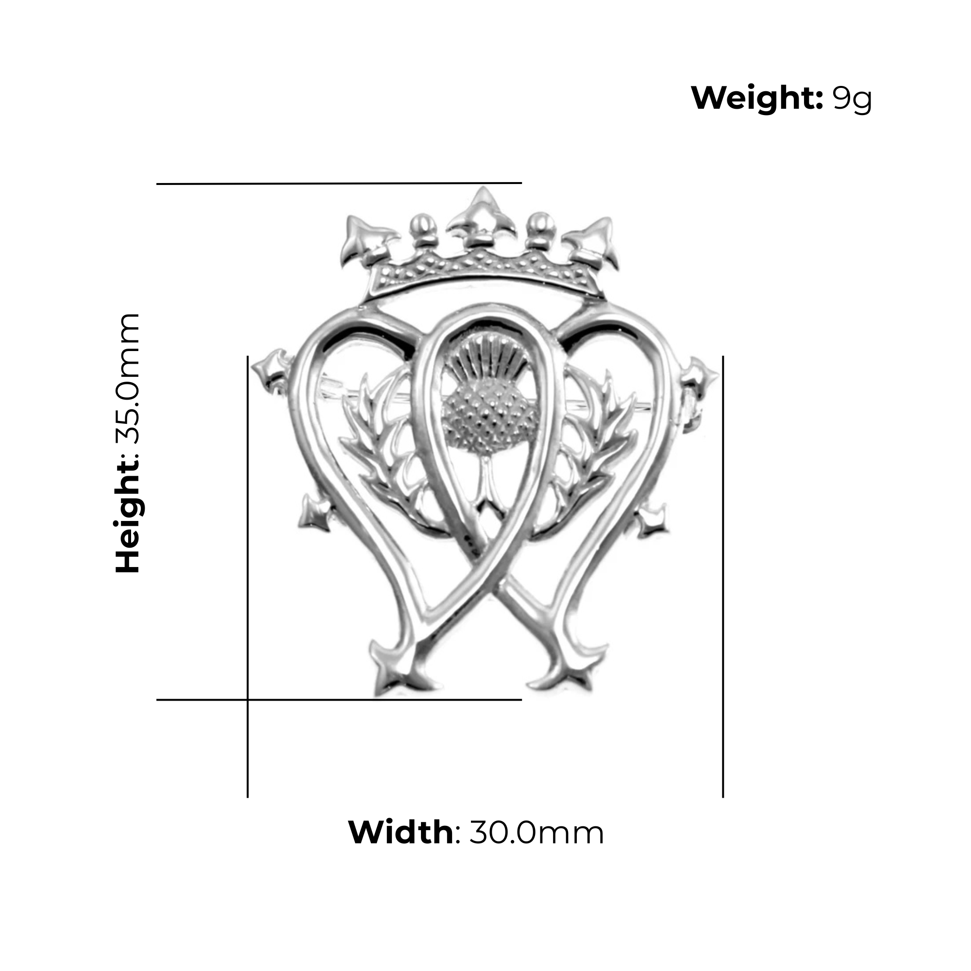 Sterling Silver Luckenbooth Brooch, double heart with thistle, product dimensions shown, width 30mm, height 35mm, weight 9g
