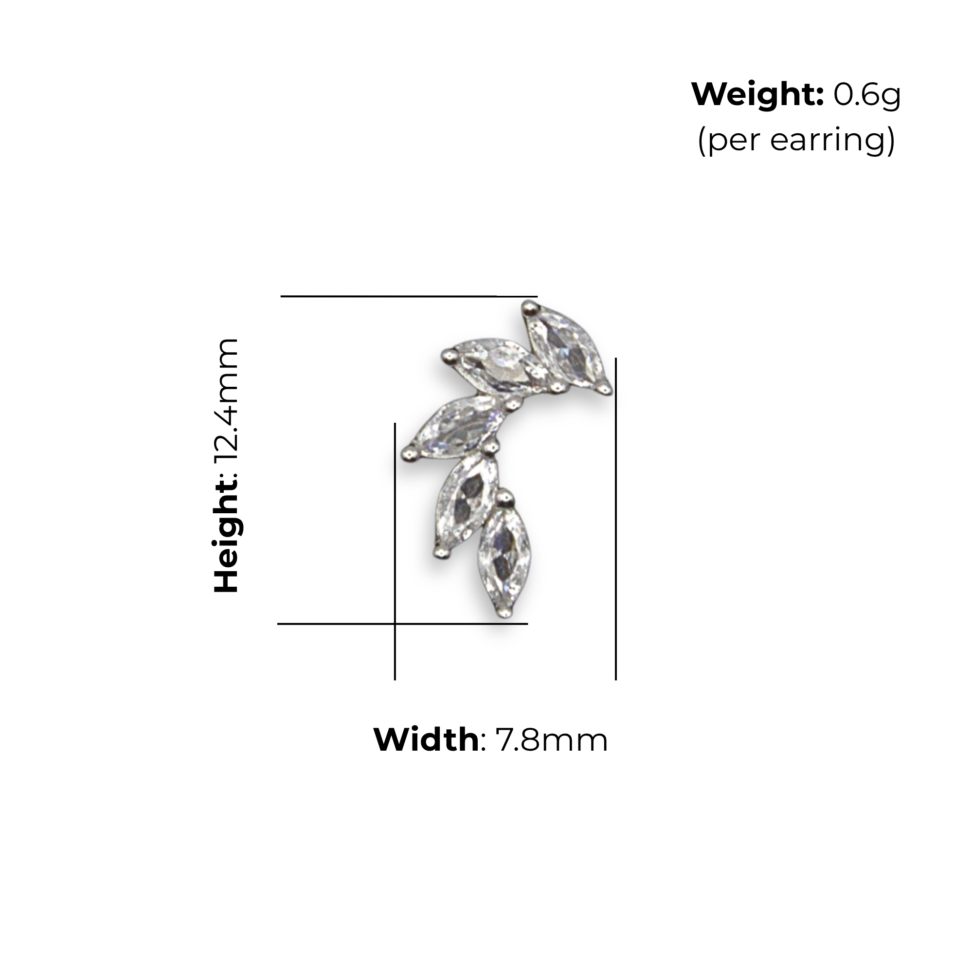 Sterling Silver Marquise CZ Climber Stud Earrings, product dimensions shown, width 7.8mm, height 12.4mm, weight 0.6g per earring.