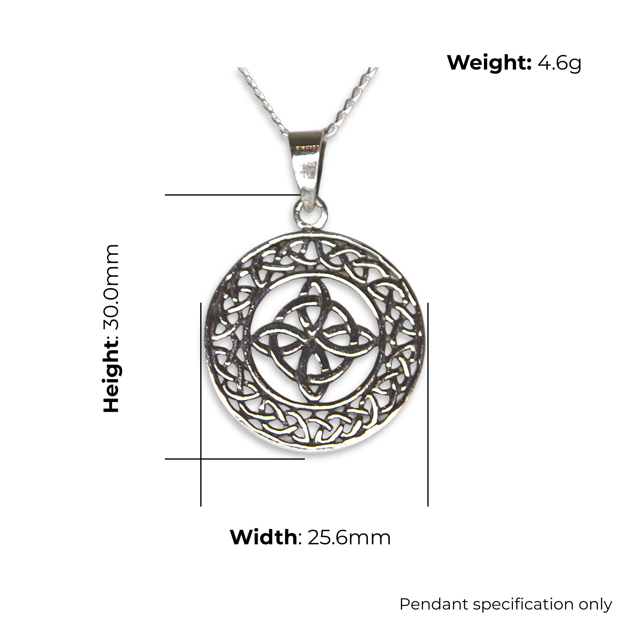 Sterling Silver Celtic Knot Circle Pendant, Four-Point Knotwork Medallion, product dimensions shown, width 25.6mm, height 30mm, weight 4.6g, pendant specification only