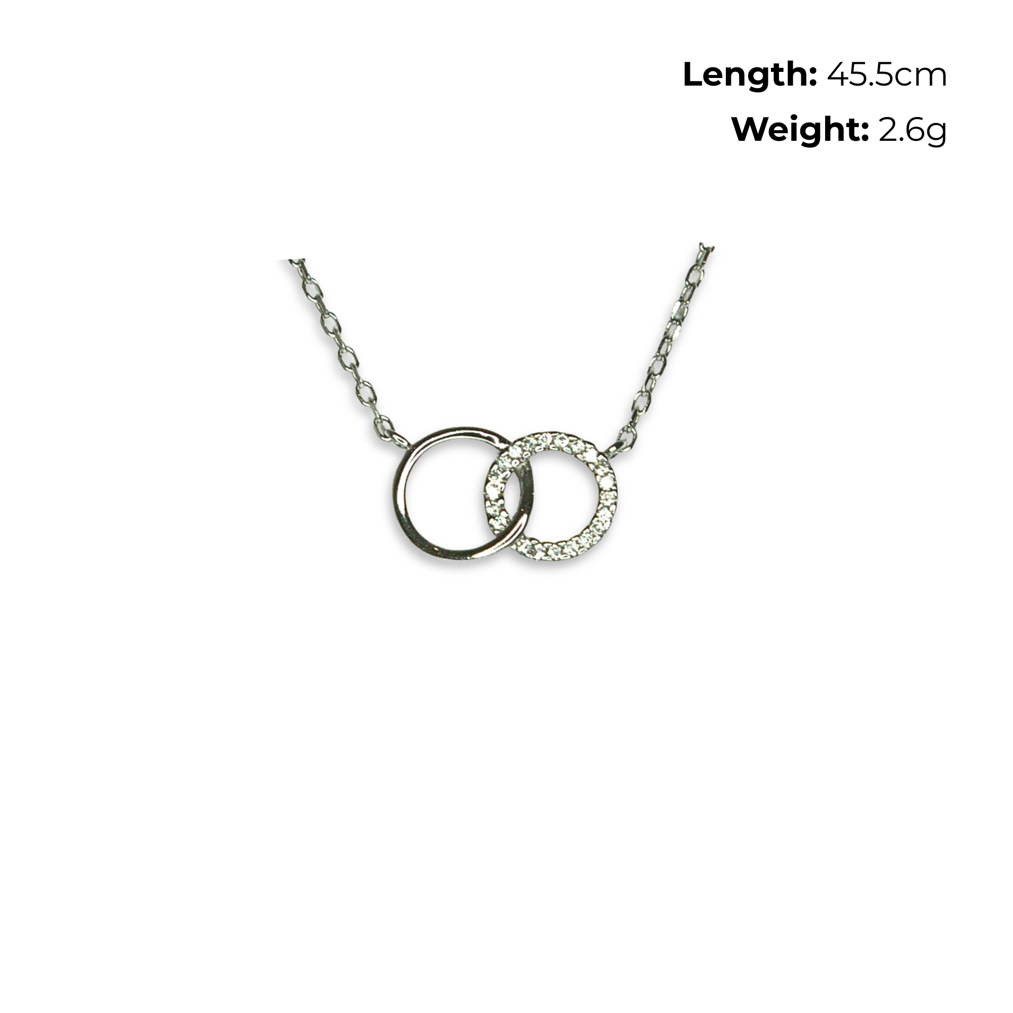 Sterling Silver Interlocking Circles Necklet, CZ Detail, product dimensions shown, length 45.5cm, weight 2.6g.
