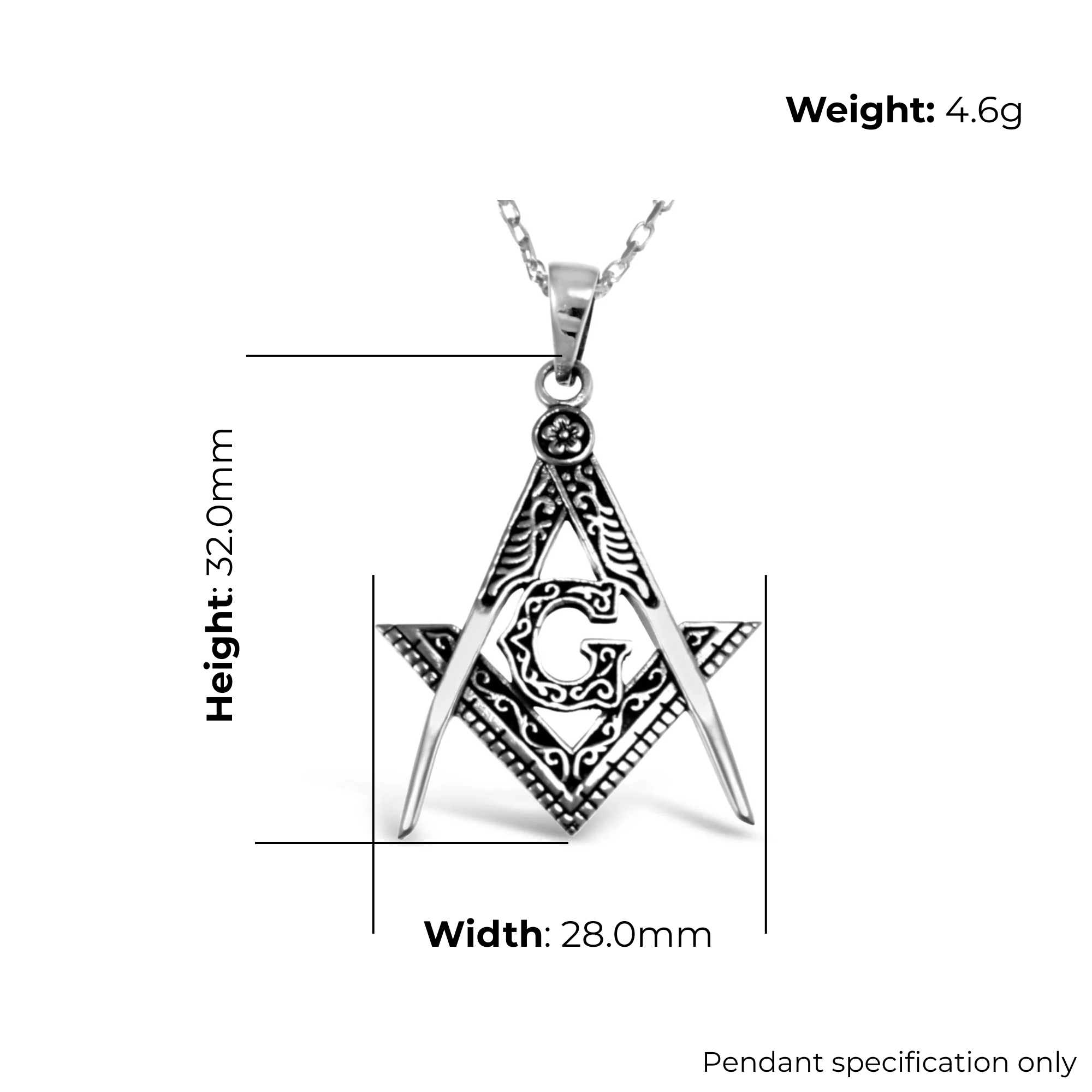 Sterling Silver Masonic Square and Compass Pendant, embossed scrollwork detail, product dimensions shown, width 28mm, height 32mm, weight 4.6g, pendant specification only
