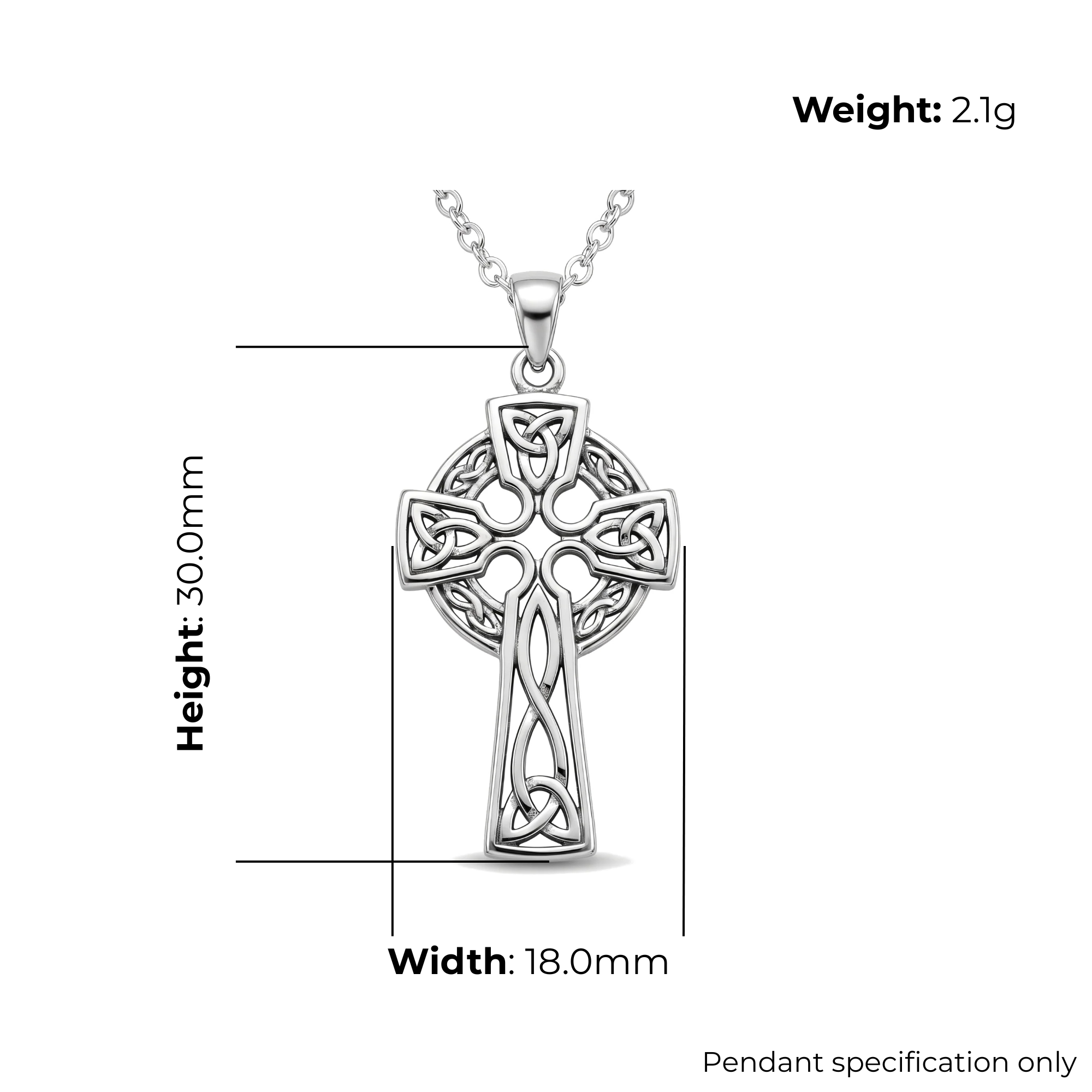 Sterling Silver Celtic Cross Pendant, Trinity knot design, product specification shown, width 18mm, height 30mm, weight 2.1g, pendant specification only