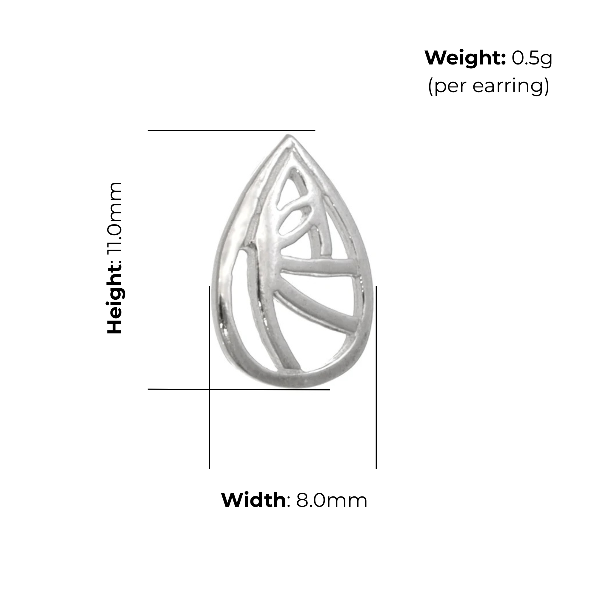 Sterling Silver Charles Rennie Mackintosh Teardrop Stud Earrings, abstract geometric design, product dimensions shown, width 8mm, height 11mm, weight 0.5g per earring