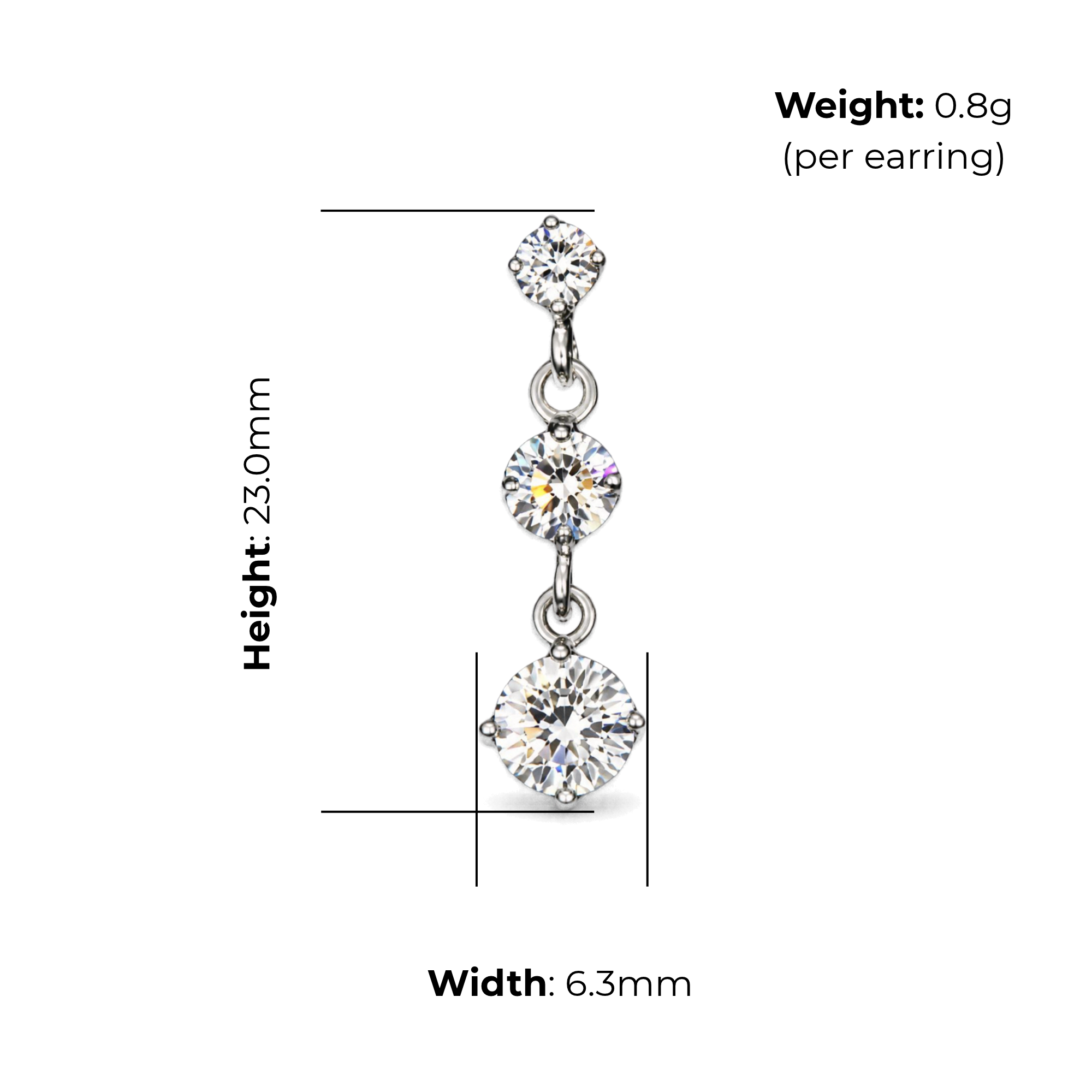 Sterling Silver Three Stone CZ Stud Drop Earrings, product dimensions shown, width 6.3mm, height 23.0mm, weight 0.8g per earring.
