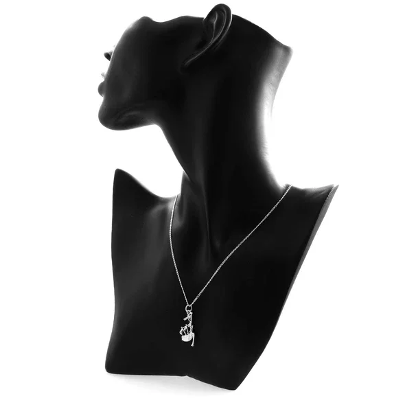 Sterling Silver Scottish Bagpipes Pendant, large format, fanned drone arrangement, fringe detail, shown on modelling bust at neckline