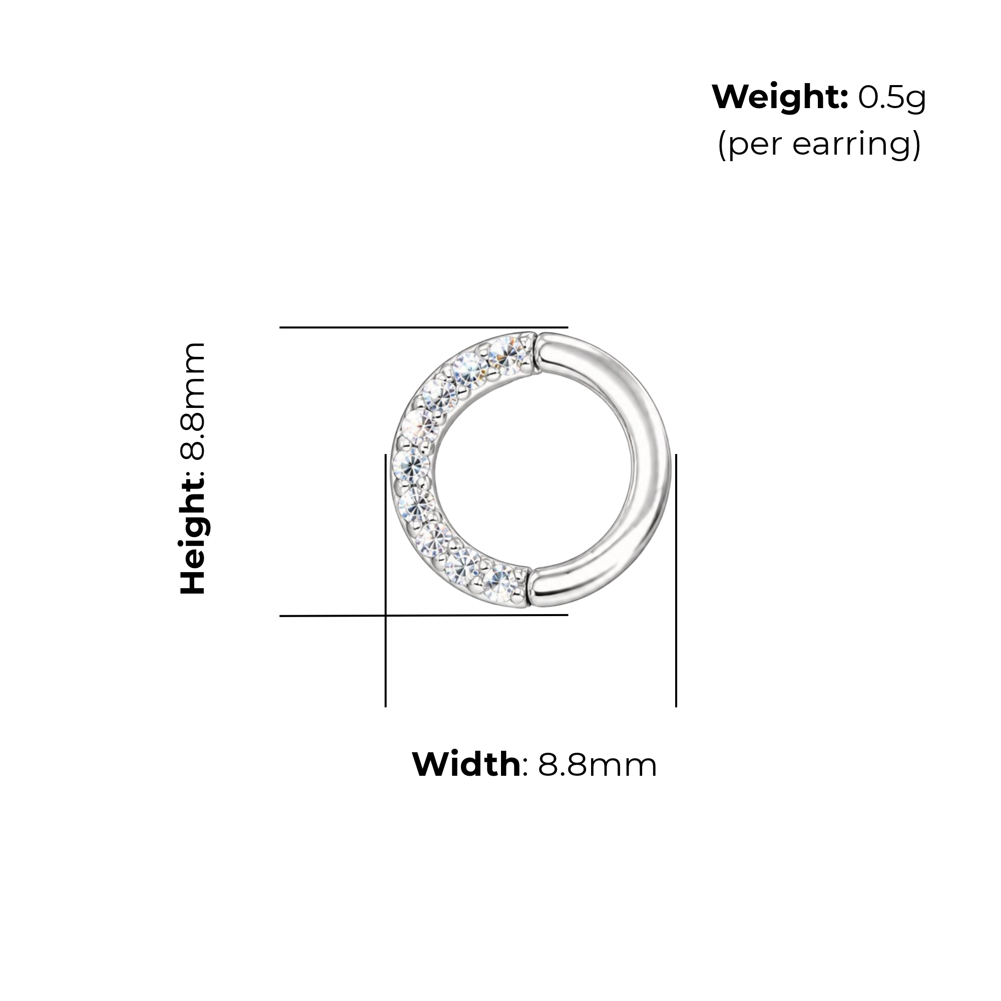 Sterling Silver Open Circle Stud Earrings, Pave-Set CZ, product dimensions shown, width 8.8mm, height 8.8mm, weight 0.5g per earring.
