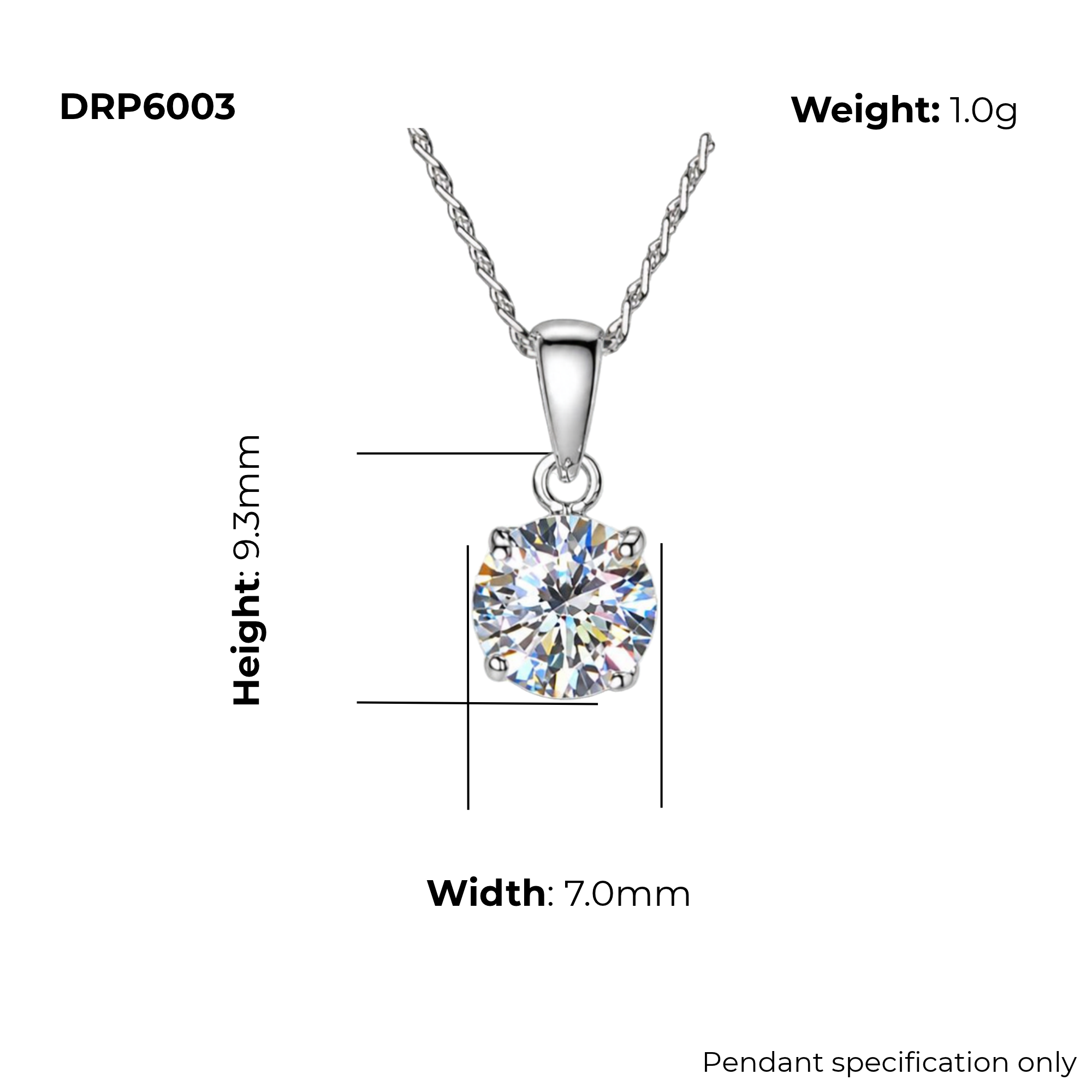 Sterling Silver Round CZ Solitaire Pendant, DRP6003 product dimensions shown, width 7mm, height 9.3mm, weight 1g, pendant specification only