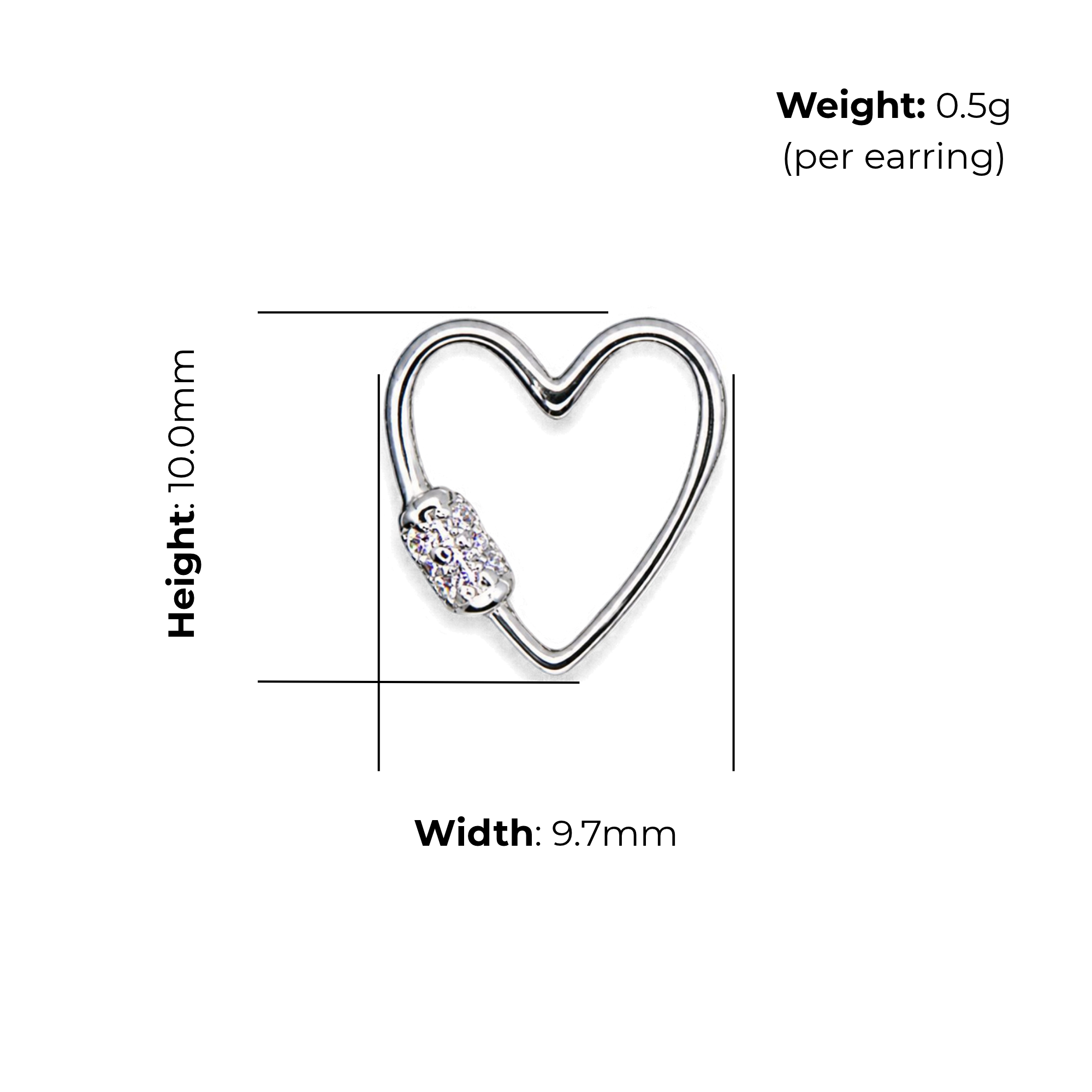 Sterling Silver Open Heart Wire Stud Earrings, Decorative CZ Detail, product dimensions shown, width 9.7mm, height 10.0mm, weight 0.5g per earring.
