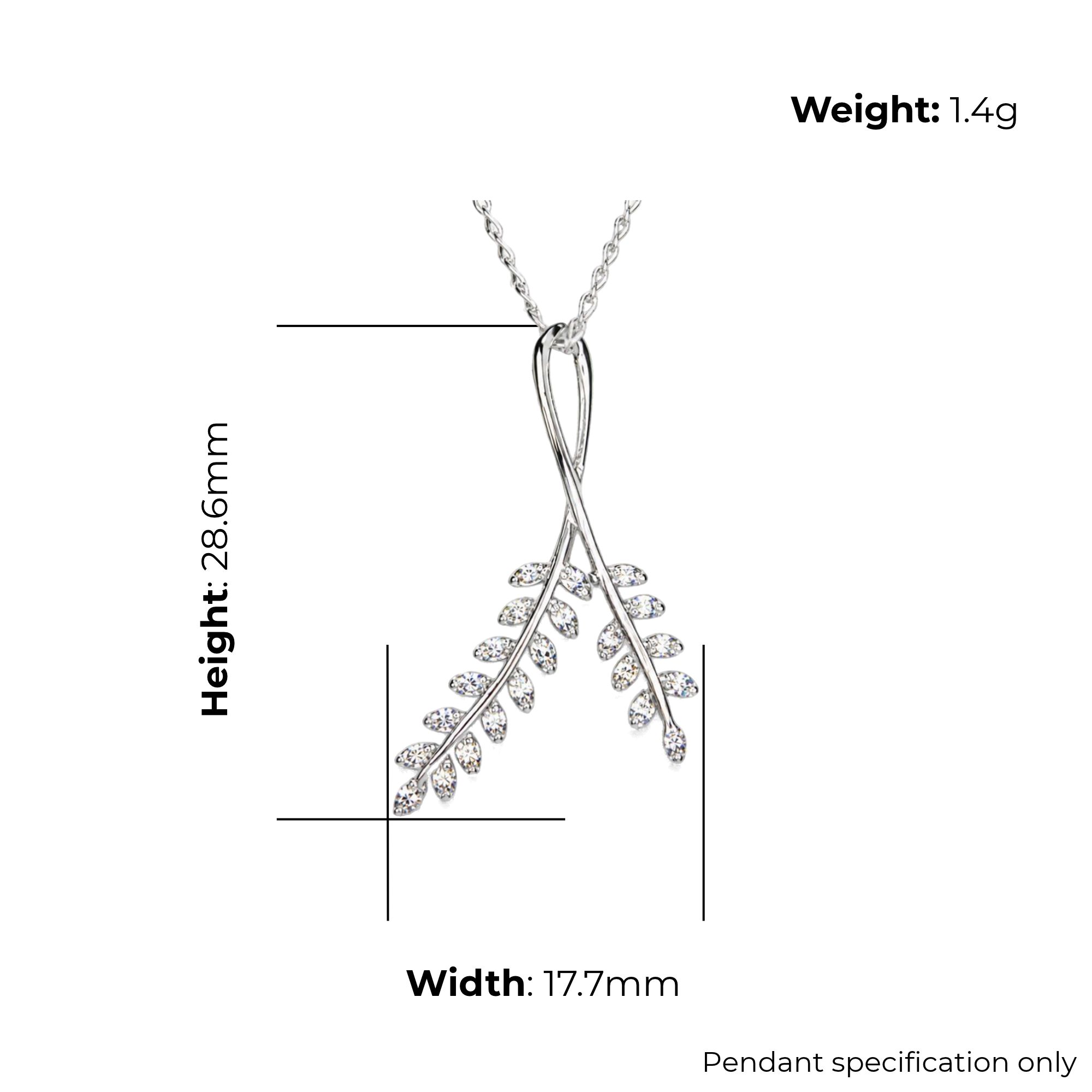 Sterling Silver Crossed Leaf Branch Pendant with CZ, product dimensions shown, width 17.7mm, height 28.6mm, weight 1.4g, pendant specification only