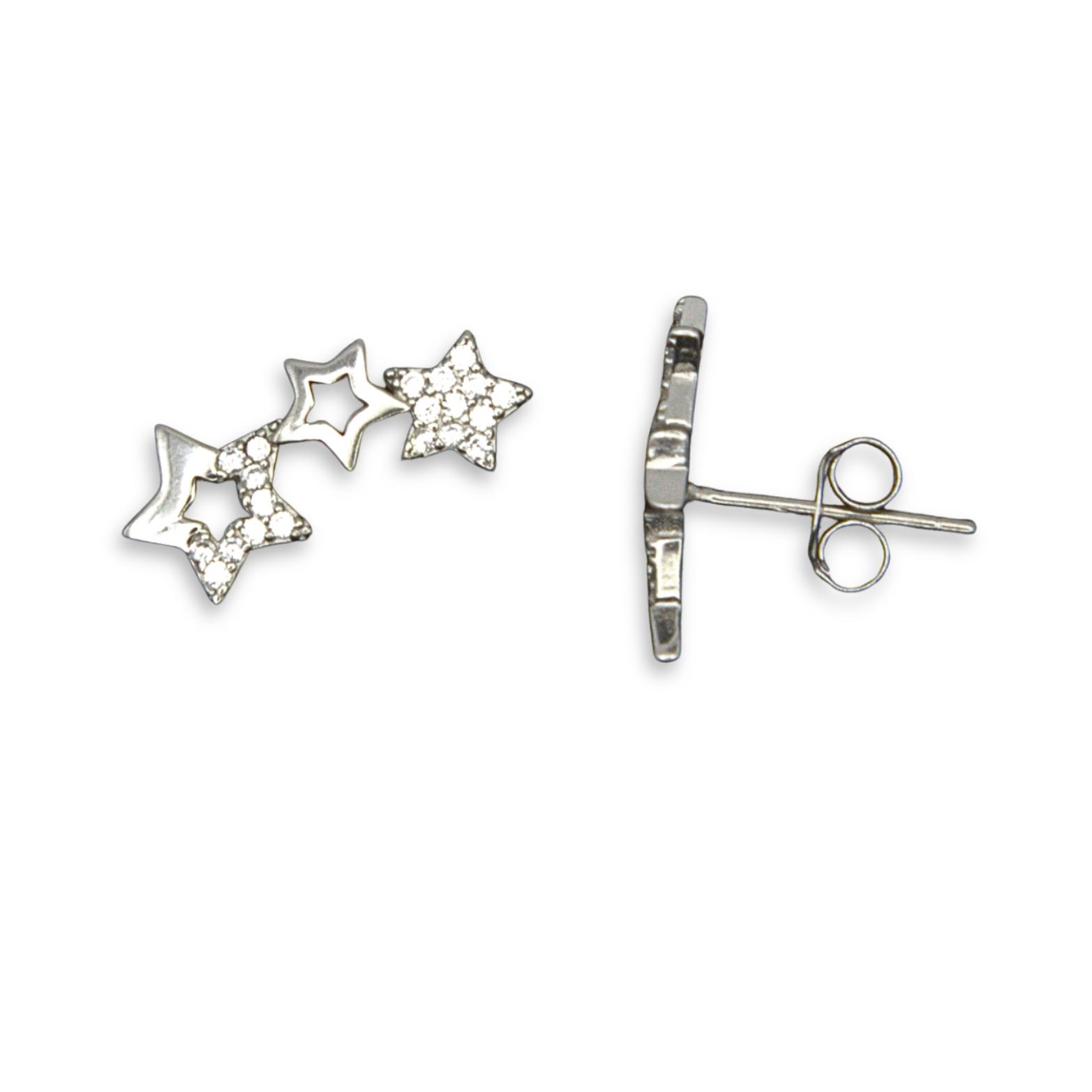 Sterling Silver Triple Star Stud Earrings, Pave-Set CZ Detail