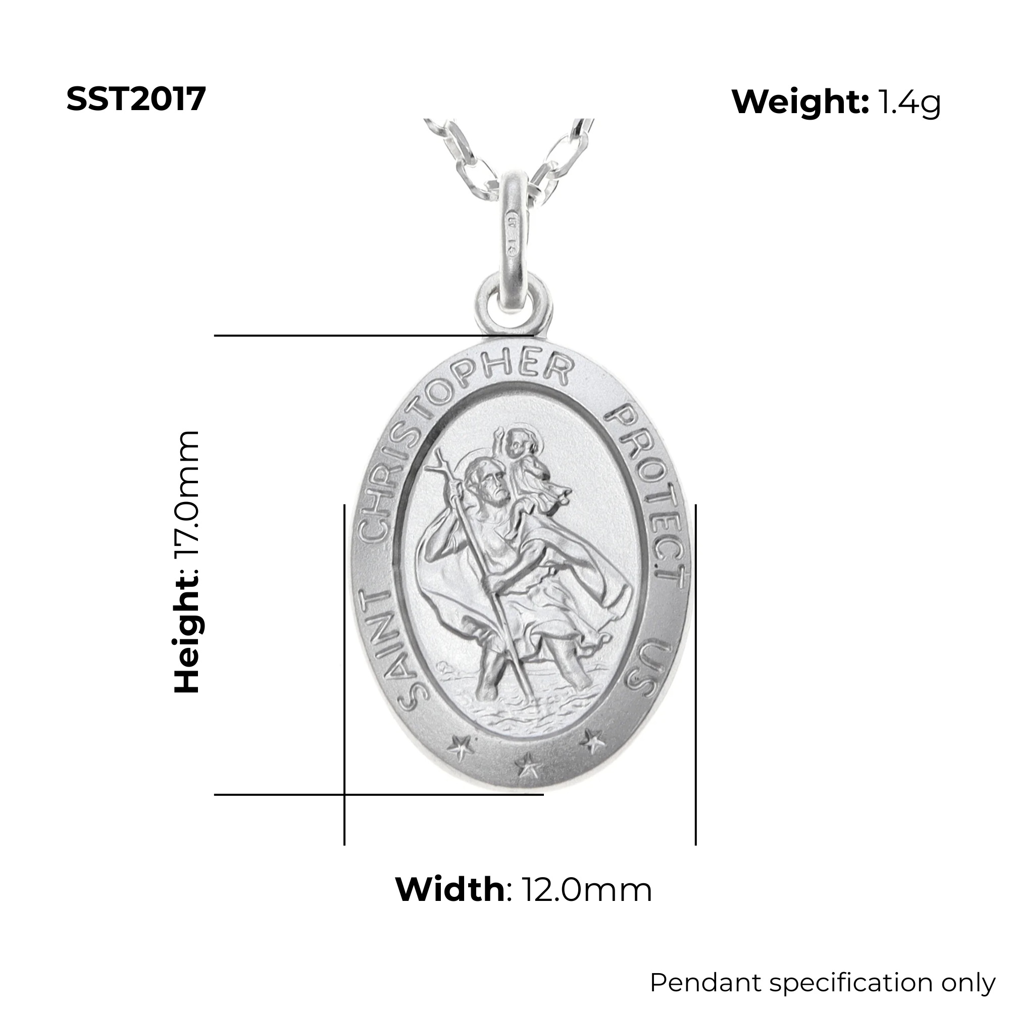 Sterling Silver Oval St Christopher pendant, embossed figural scene, product SST2017 dimensions shown, width 12mm, height 17mm, weight 1.4g, pendant specification only