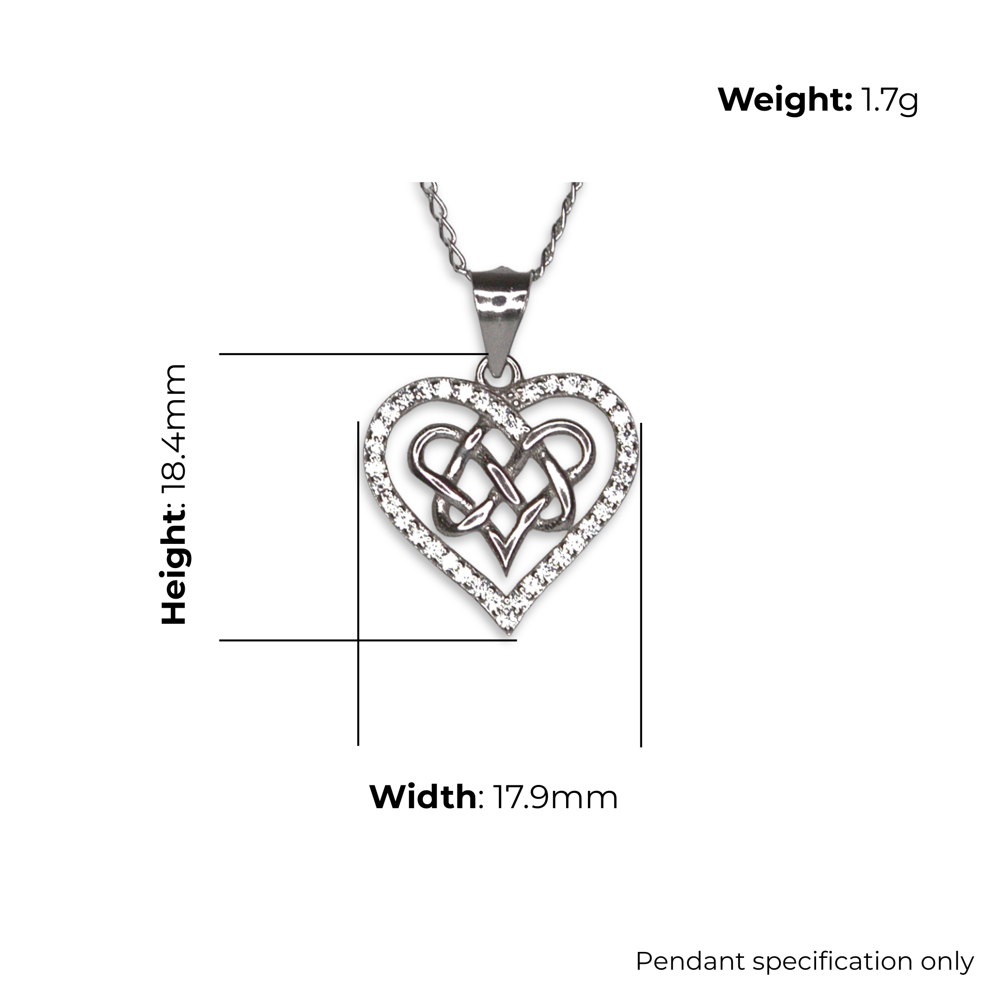 Sterling Silver Celtic Knot Heart Pendant with CZ, product dimensions shown, width 17.9mm, height 18.4mm, weight 1.7g, pendant specification only