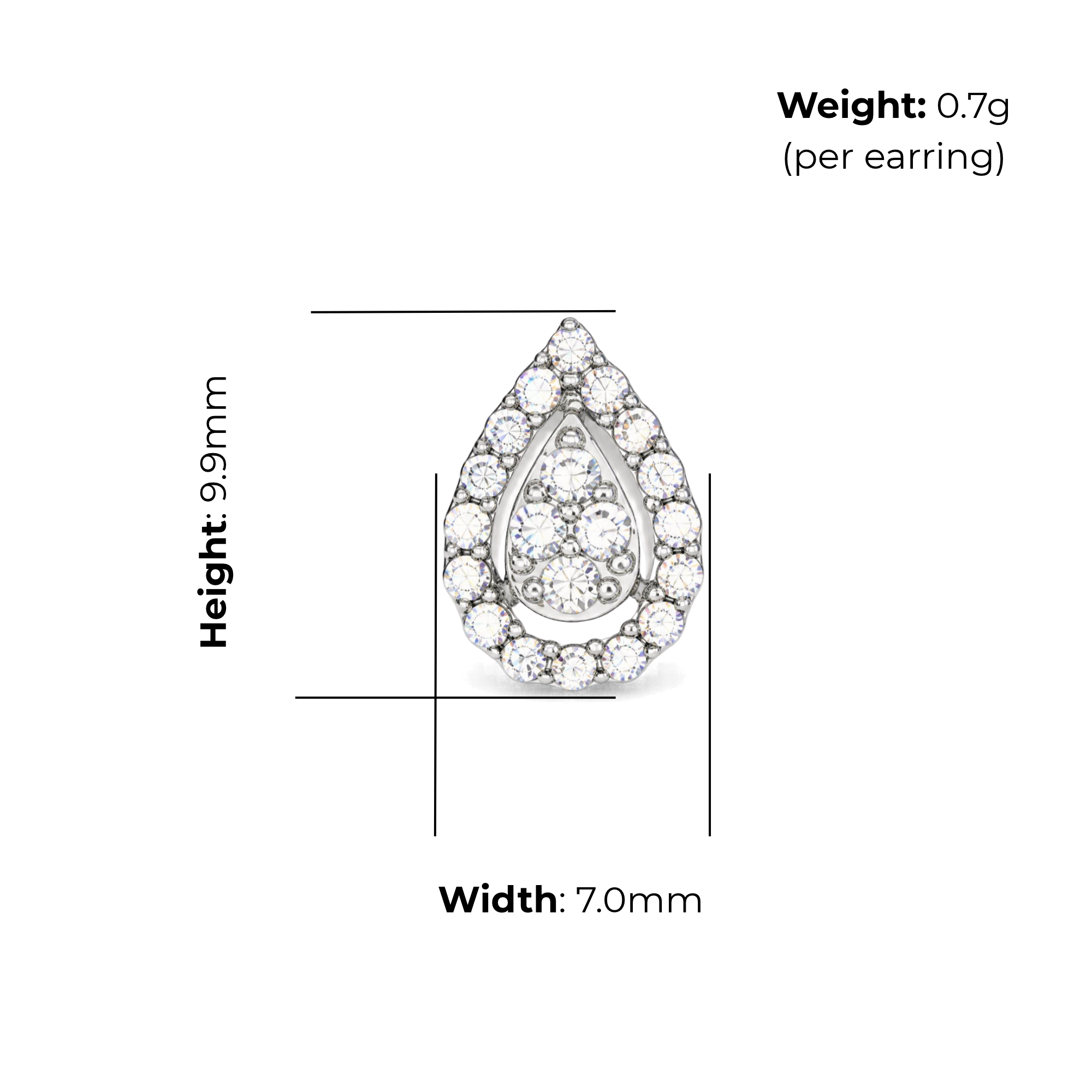 Sterling Silver Teardrop Stud Earrings, Pave-Set CZ, product dimensions shown, width 7.0mm, height 9.9mm, weight 0.7g per earring.