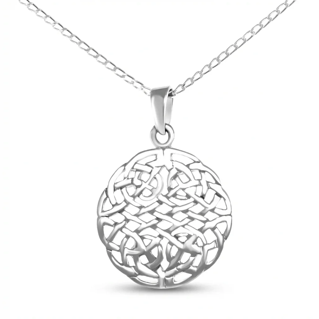 Sterling Silver Celtic Knotwork Disc Pendant, all-over interlaced plaitwork, high mirror polish
