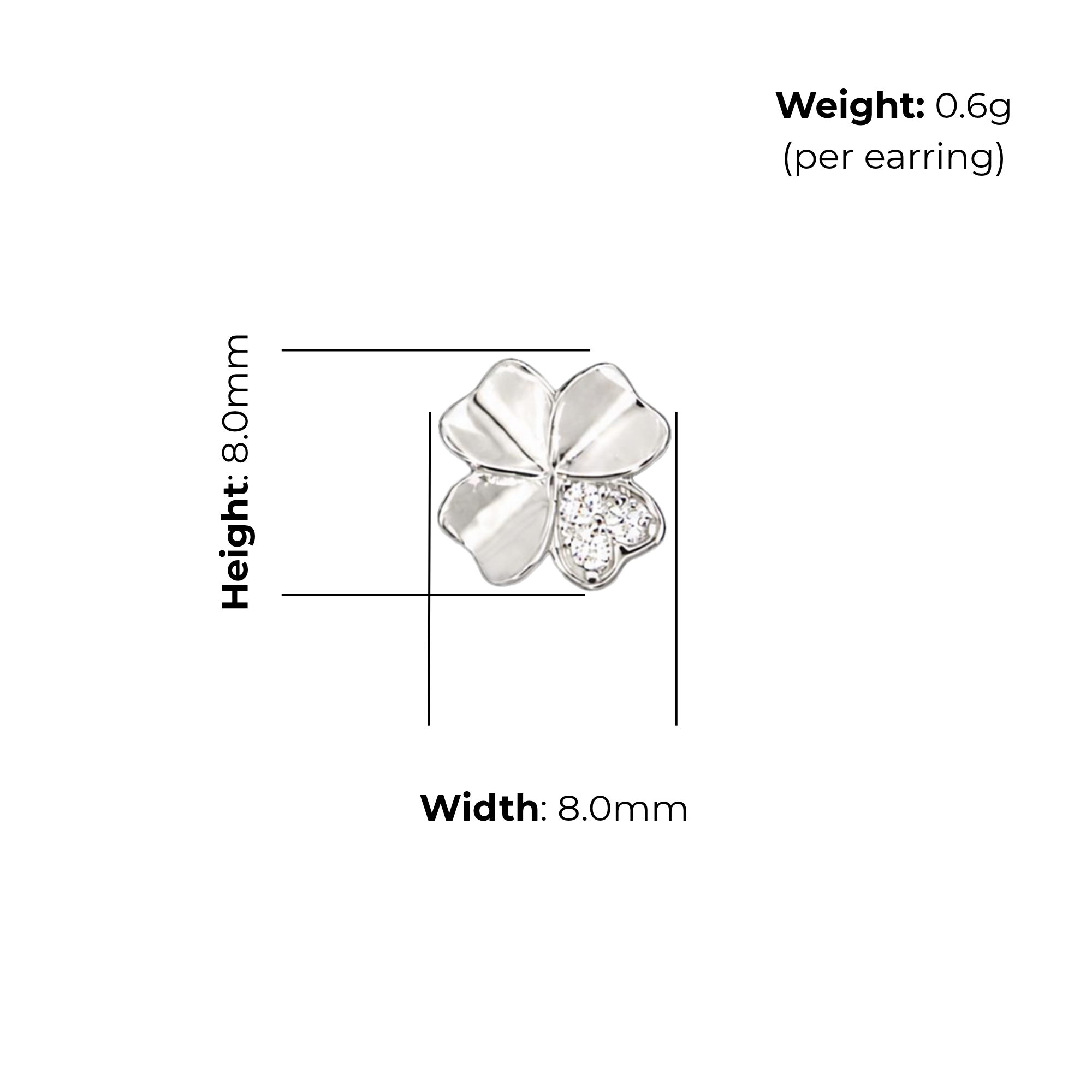 Sterling Silver Four-Leaf Clover Pendant & Stud Earring Set, Pave-Set CZ Detail, product dimensions shown, earrings height 8.0mm, width 8.0mm.
