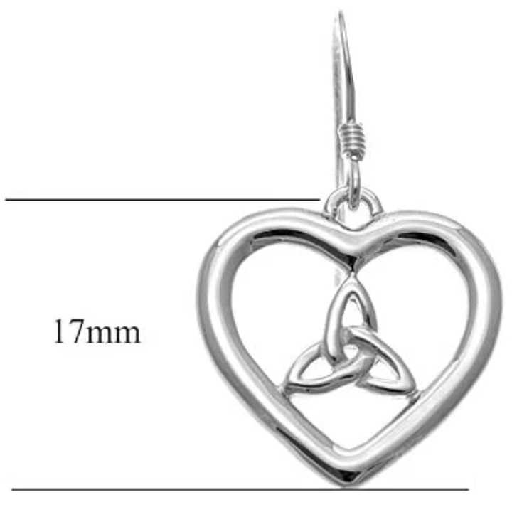 Sterling Silver Celtic Trinity Knot Heart Drop Earrings, open heart frame, triquetra detail, high mirror polish, fish hook fitting, product dimensions shown, height 17mm