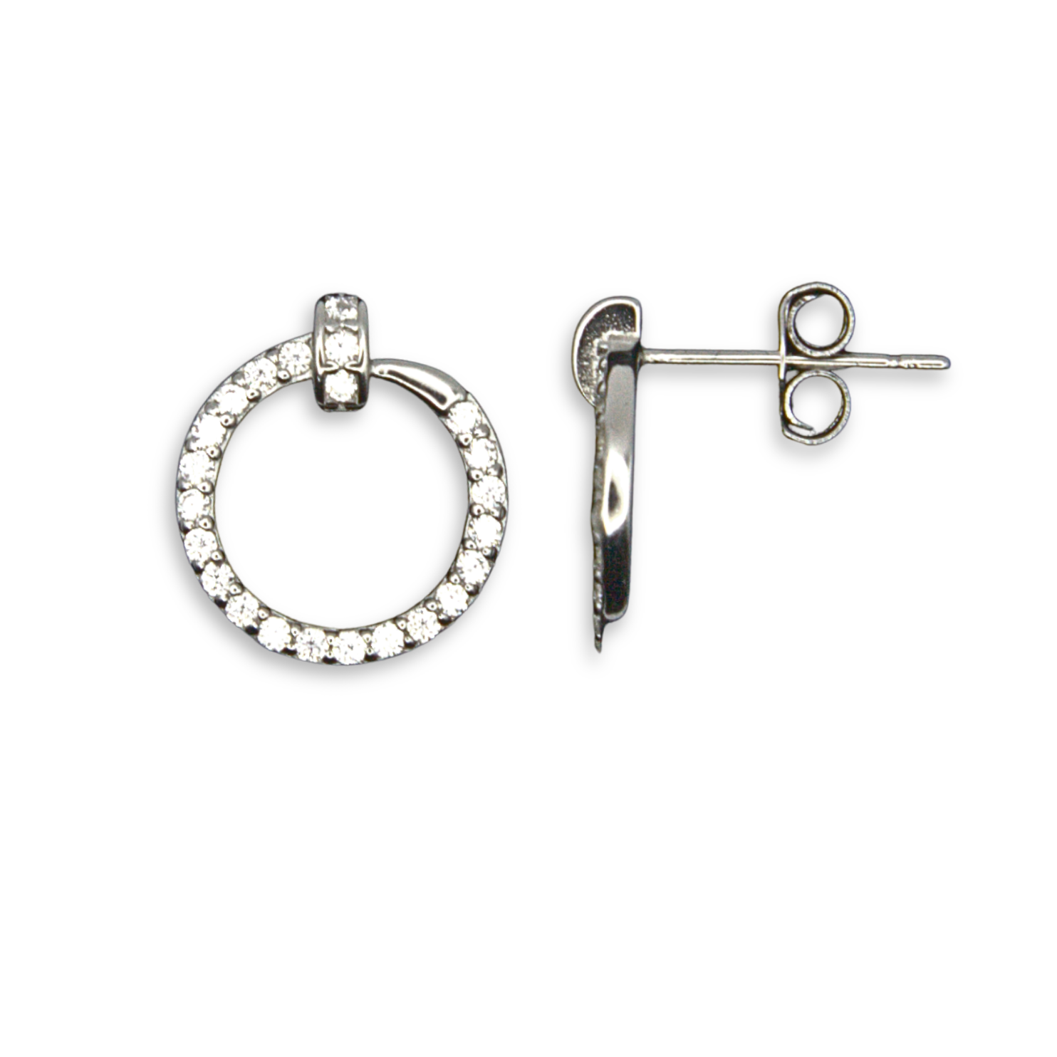 Sterling Silver Open Circle Stud Earrings, Pave-Set CZ