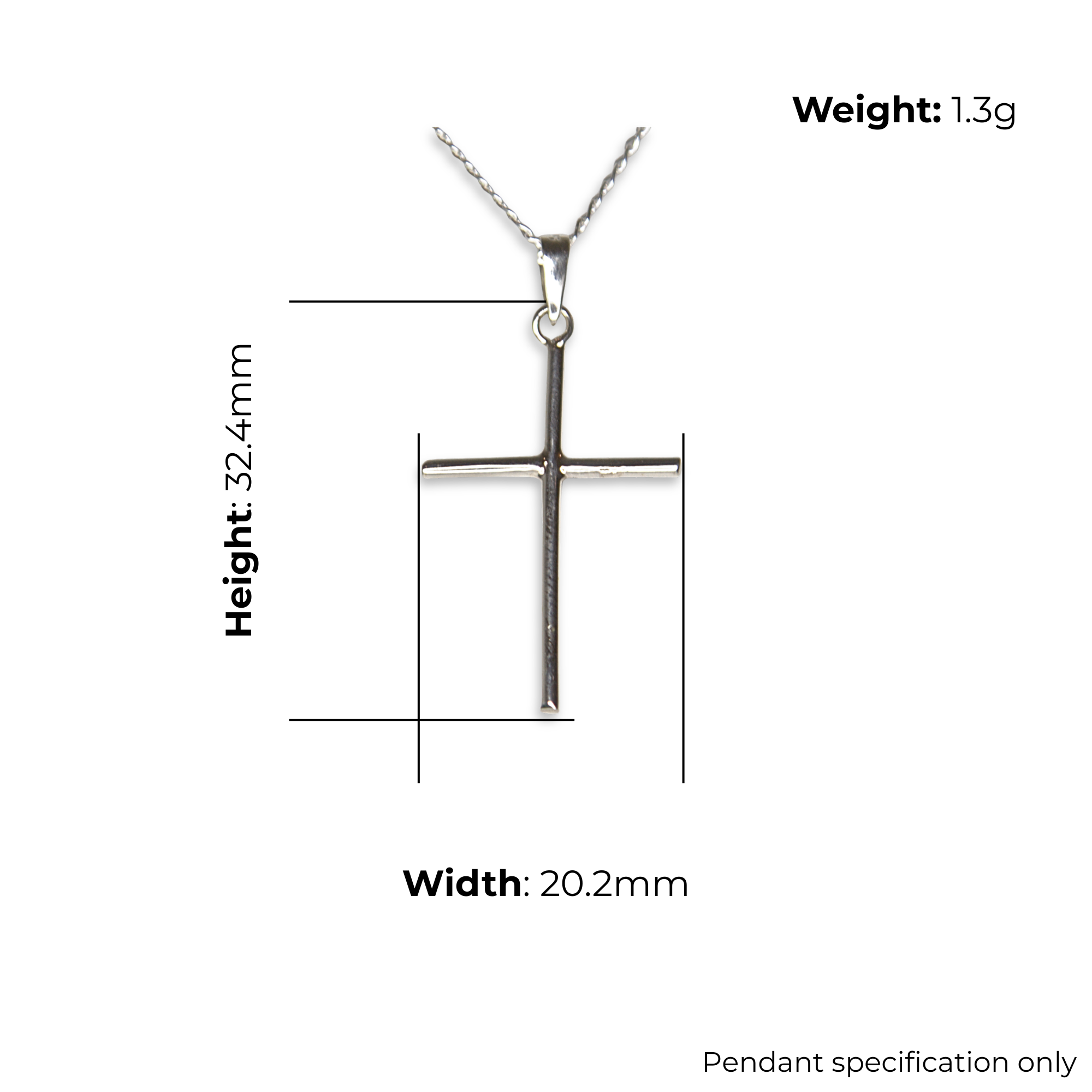 Sterling Silver Plain Cross Pendant, Polished Finish, product dimensions shown, width 20.2mm, height 32.4mm, weight 1.3g, pendant specification only.