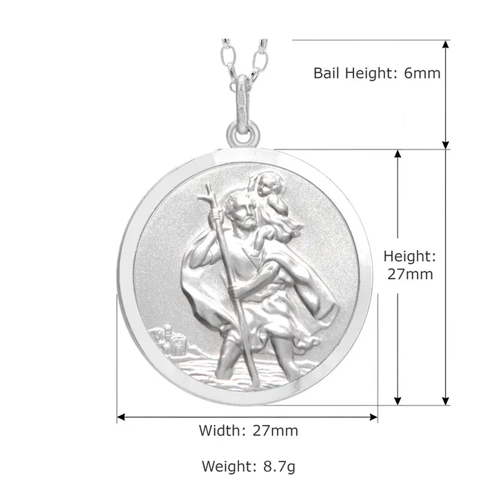 Sterling Silver St Christopher pendant, plain reverse. Embossed figural scene, satin face, polished border, product dimensions shown, width 27mm by height 27mm, bail height 6mm, weight 8.7g