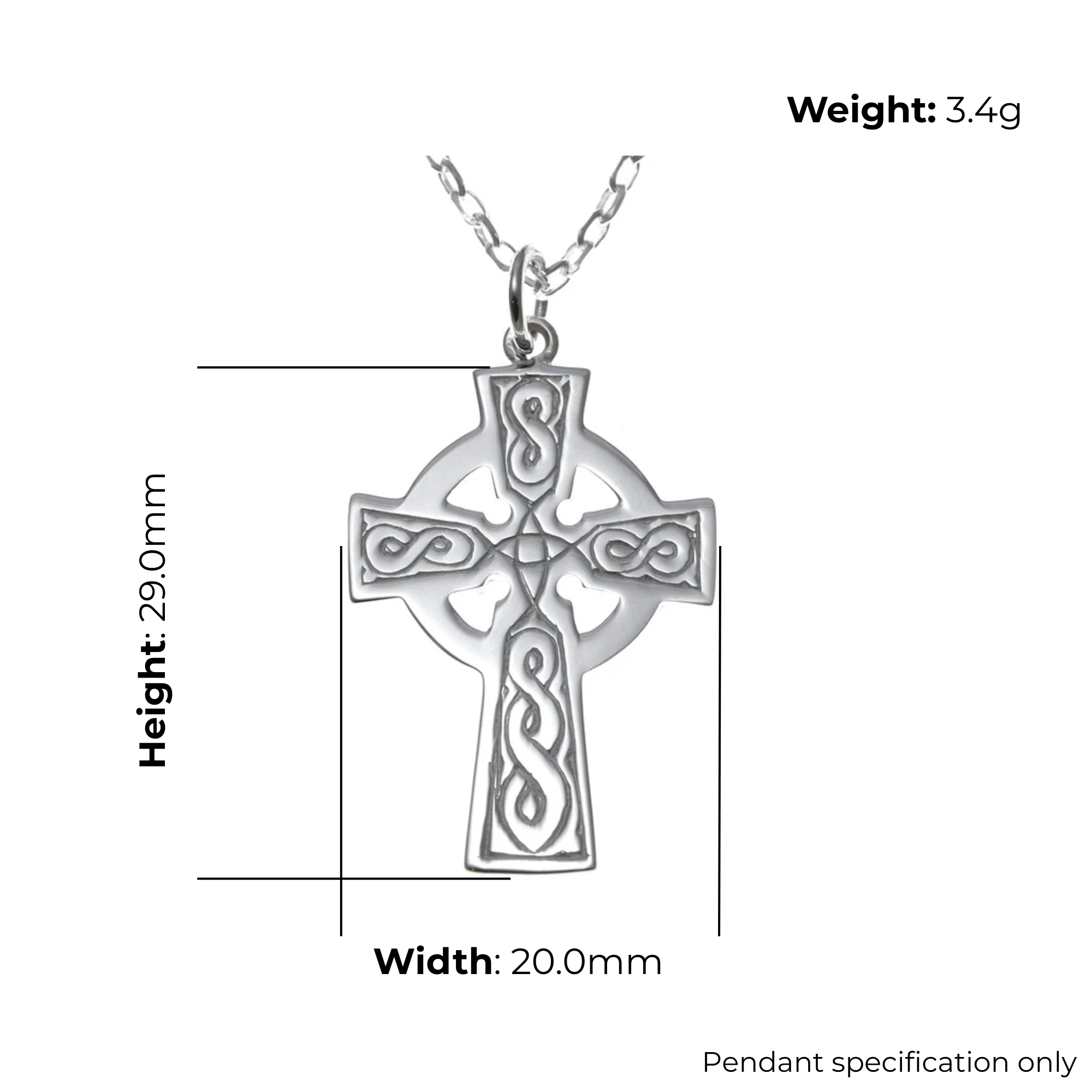 Sterling Silver Celtic cross pendant, solid arms and ring with S-scroll engraved knotwork, product dimensions shown, 20mm width, 29mm height, weight 3.4g, pendant specification only.