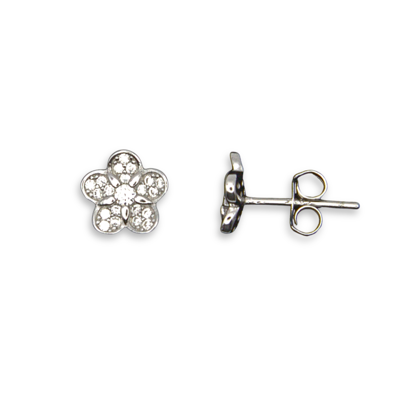 Sterling Silver Flower Stud Earrings, Pave-Set CZ
