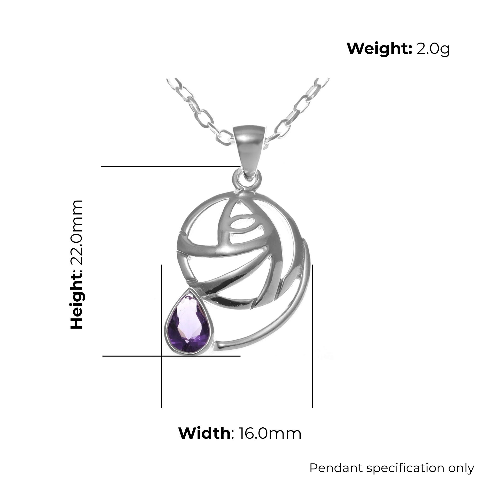 Sterling Silver Charles Rennie Mackintosh Circle Pendant, abstract rose design, product dimensions shown, width 16mm, height 22mm, weight 2g, pendant specification only