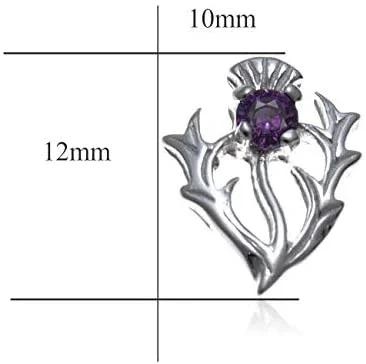 Sterling Silver Scottish Thistle Stud Earrings, round amethyst claw set, open leaf design, 12mm x 10mm, push back fitting, product dimensions shown, width 10mm by height 12mm