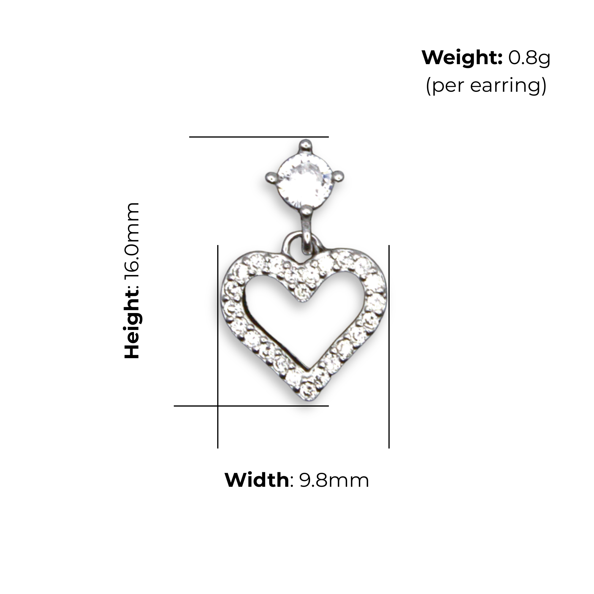 Sterling Silver Open Heart Stud Earrings, CZ Stud with Pave-Set Heart Drop, product dimensions shown, width 9.8mm, height 16.0mm, weight 0.8g per earring.