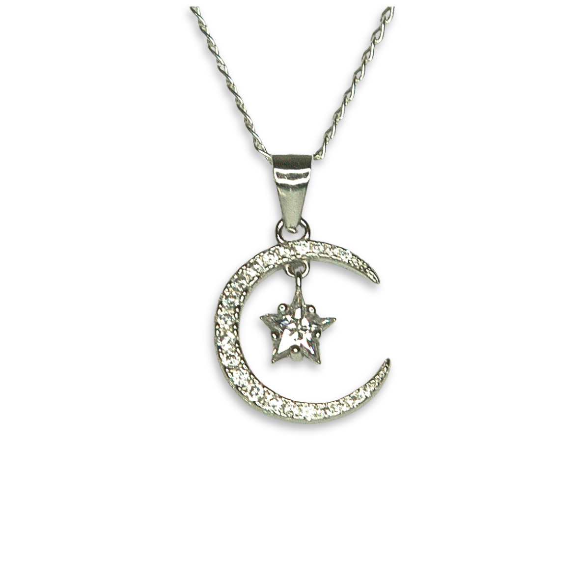 Sterling Silver Crescent Moon and Star Pendant, Pave-Set CZ