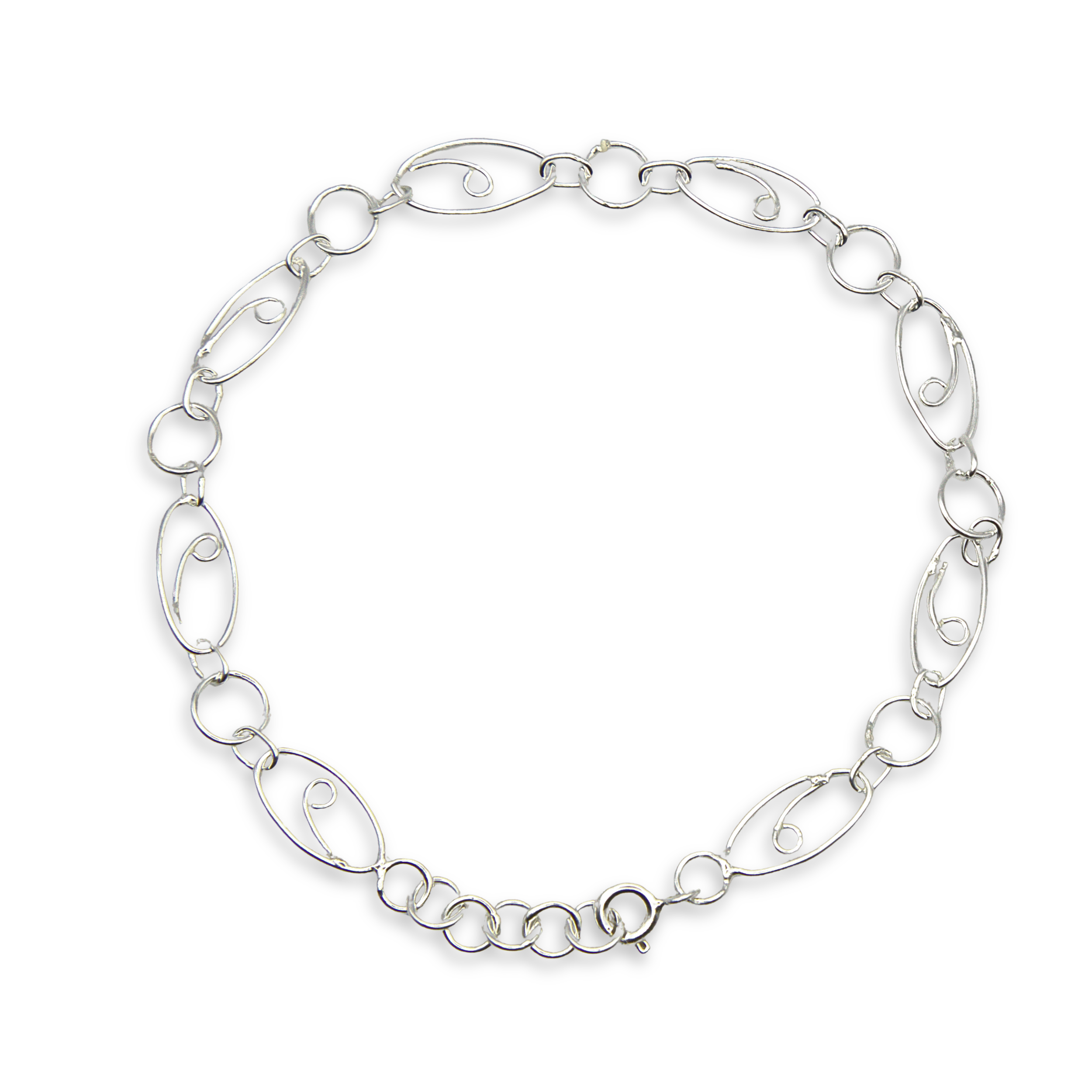 Sterling Silver Scroll Link Bracelet, Open Oval and Scroll Detail