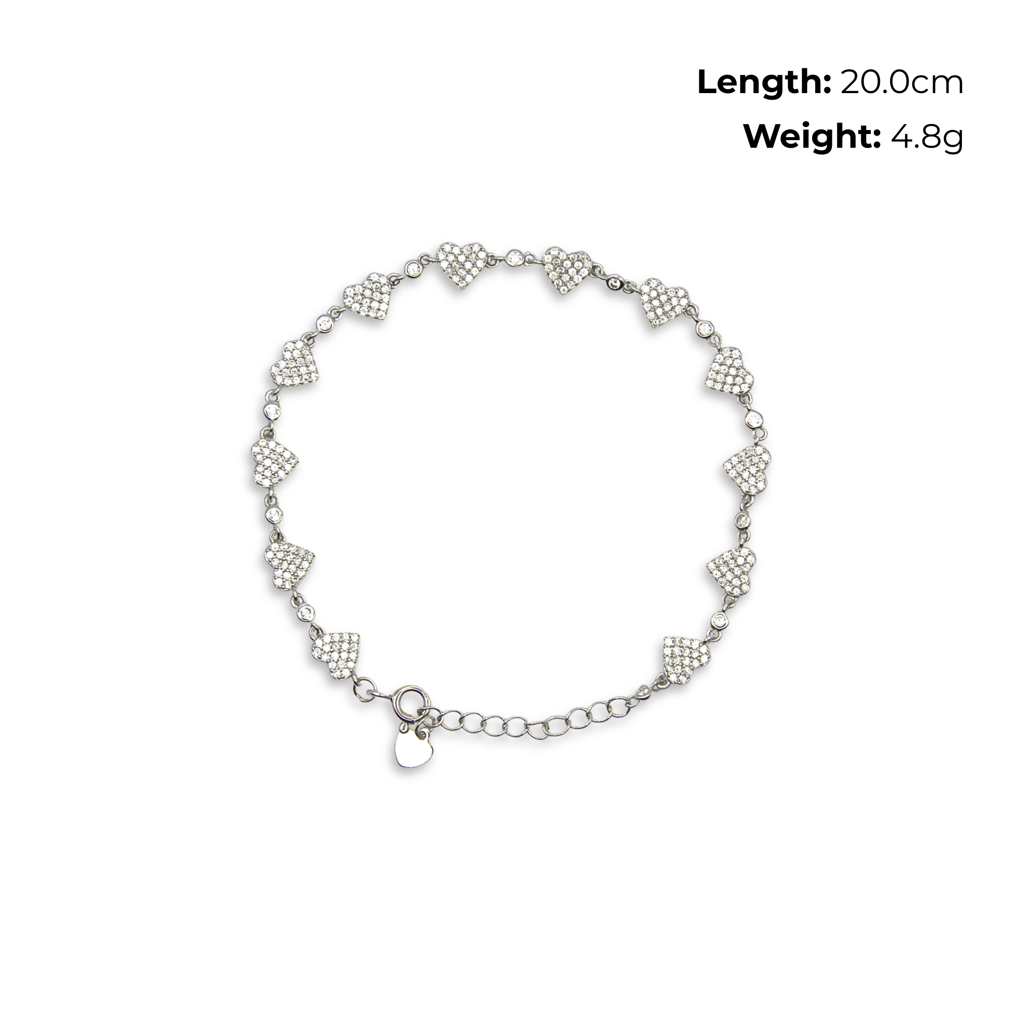Sterling Silver Heart Link Bracelet, Pave-Set CZ, product dimensions shown, length 20.0cm, weight 4.8g.