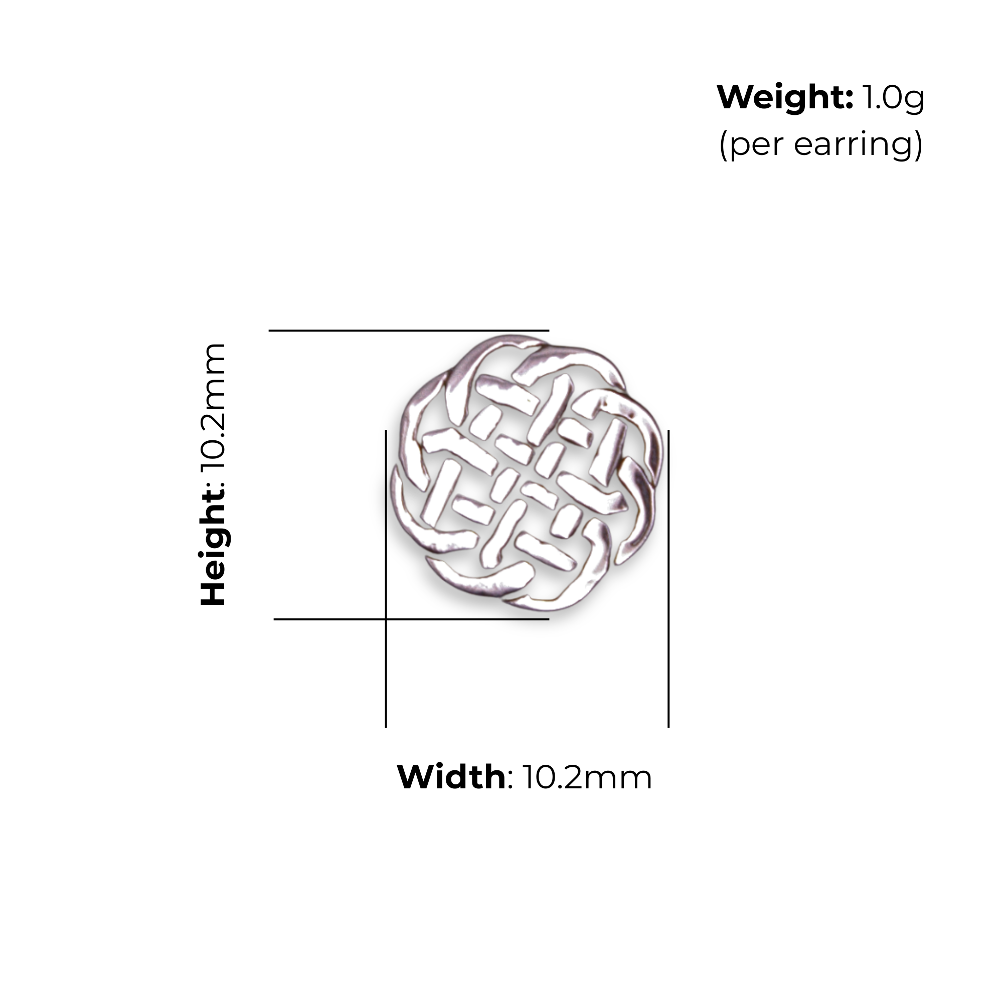 Sterling Silver Celtic Knot Circle Stud Earrings, Basketweave Interlace, product dimensions shown, width 10.2mm, height 10.2mm, weight 1.0g per earring