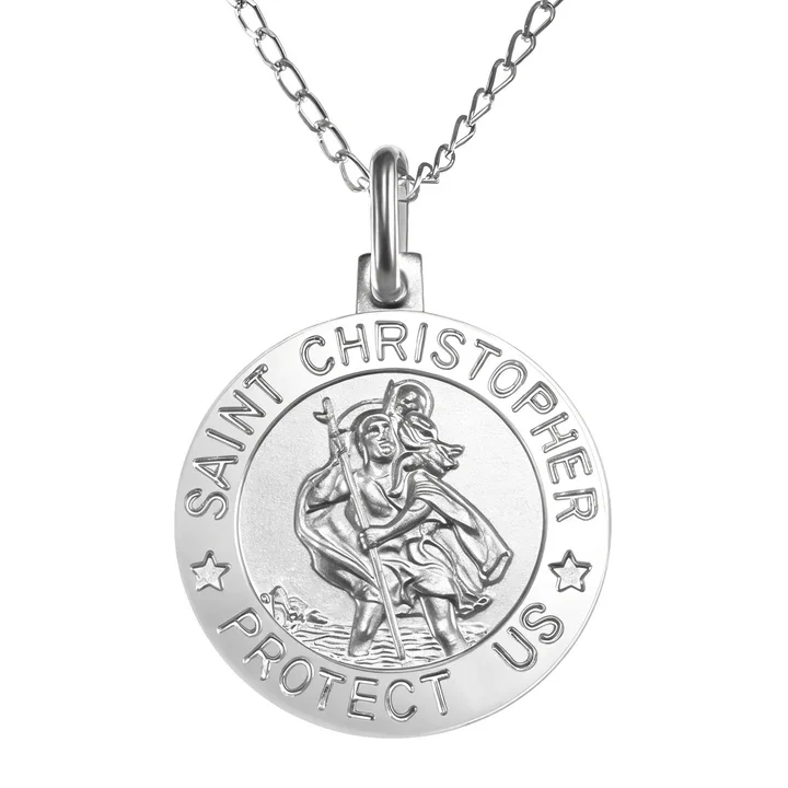 Sterling Silver St Christopher pendant. Embossed figural scene, protective inscription, satin finish. 18mm