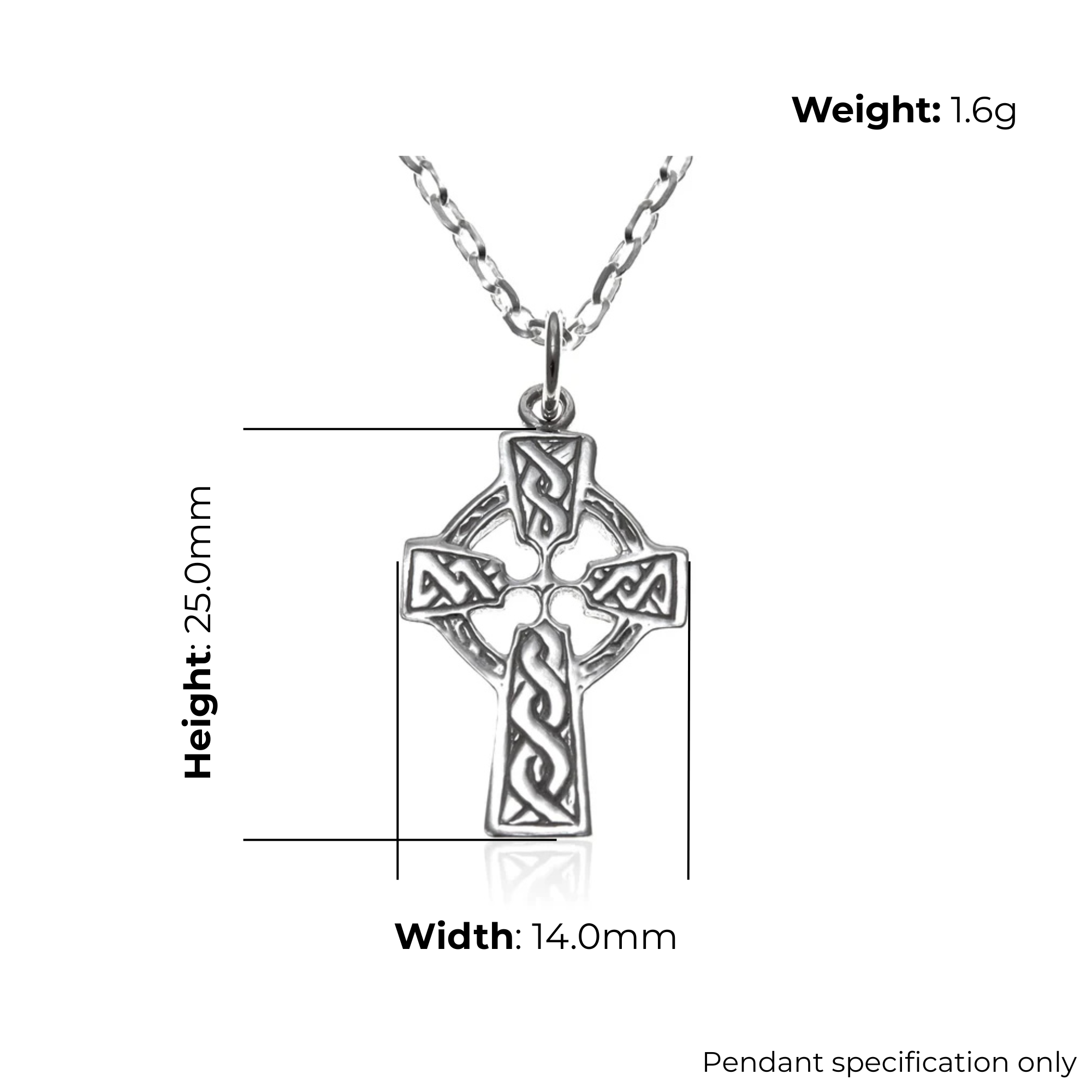 Sterling Silver Celtic Cross Pendant, S-scroll knotwork, product specification shown, width 14mm, height 25mm, weight 1.6g, pendant specification only
