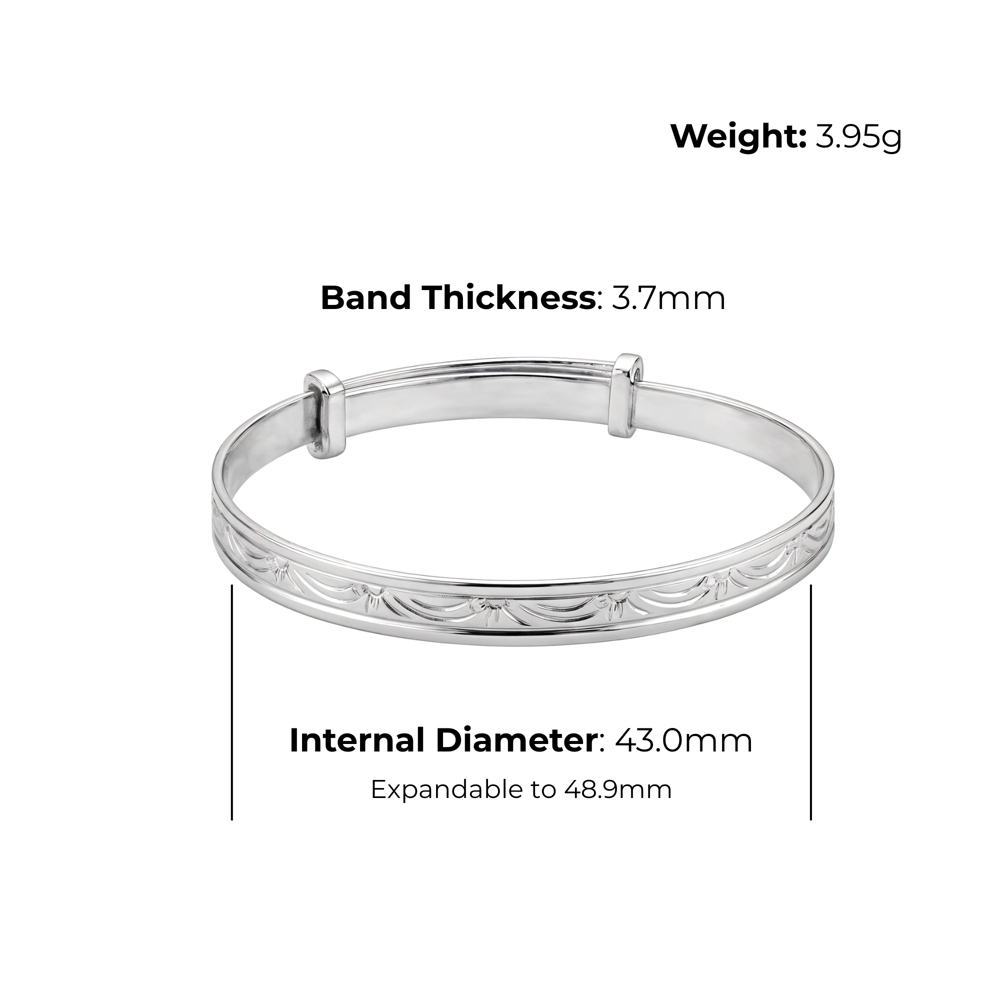 Sterling Silver Expandable Baby Bangle, engraved swag and floral pattern, product dimensions shown, 43–48.9mm diameter, 3.7mm band, 3.95g weight.