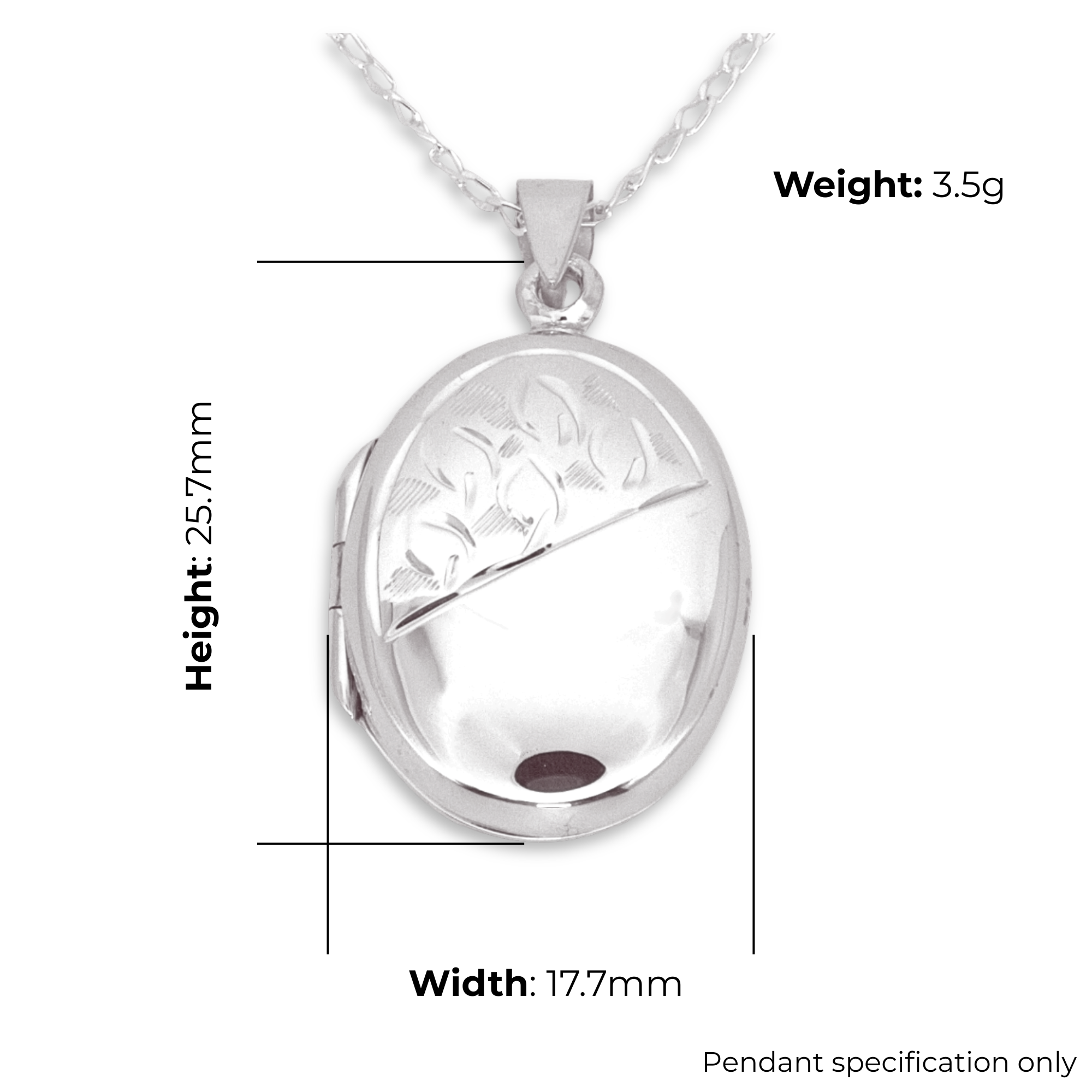 Sterling Silver Oval Locket, hand engraved design, product dimensions shown, width 17.7mm, height 25.7mm, weight 3.5g