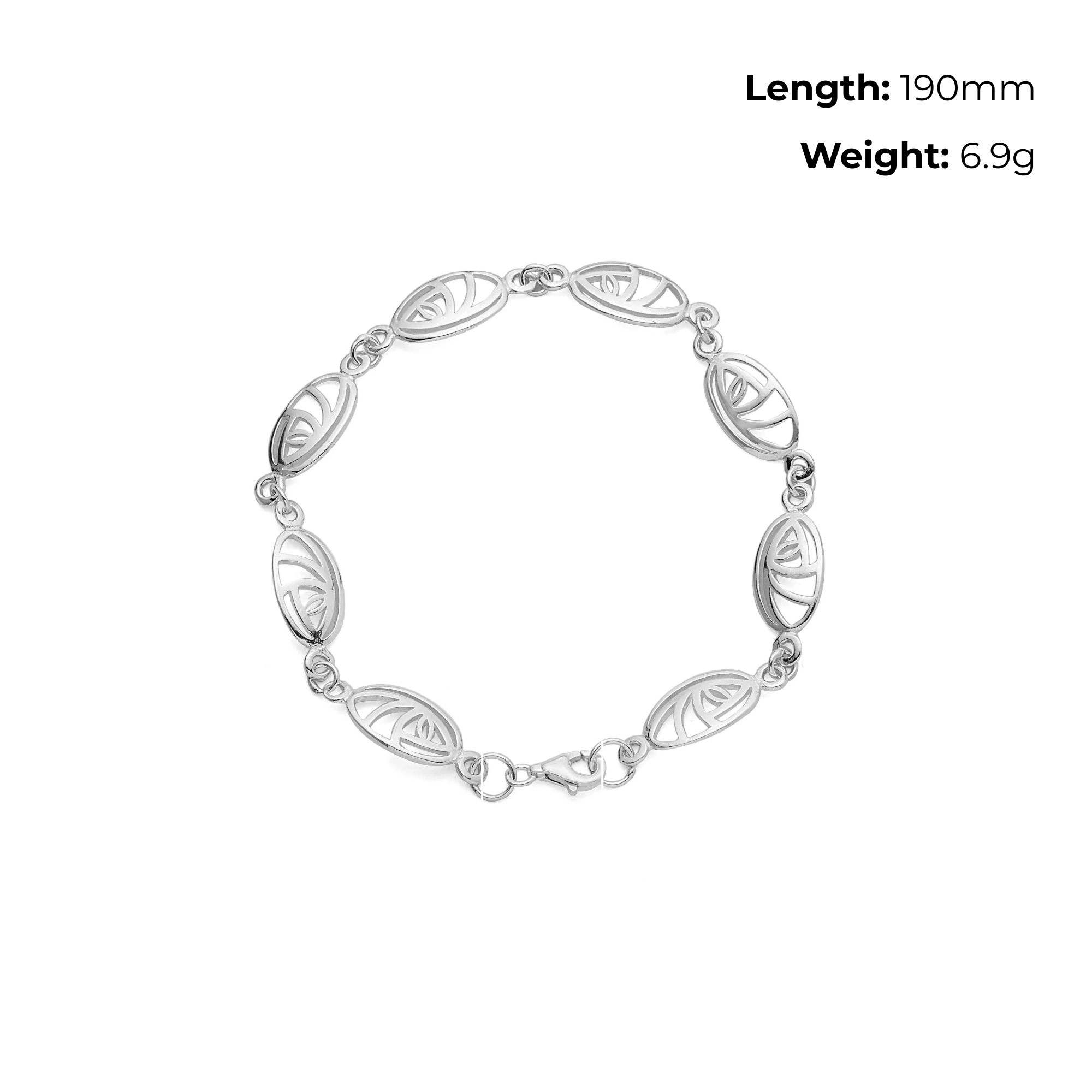 Sterling Silver Charles Rennie Mackintosh Oval Link Bracelet, pierced botanical motif, product dimensions shown, length 190mm, weight 6.9g