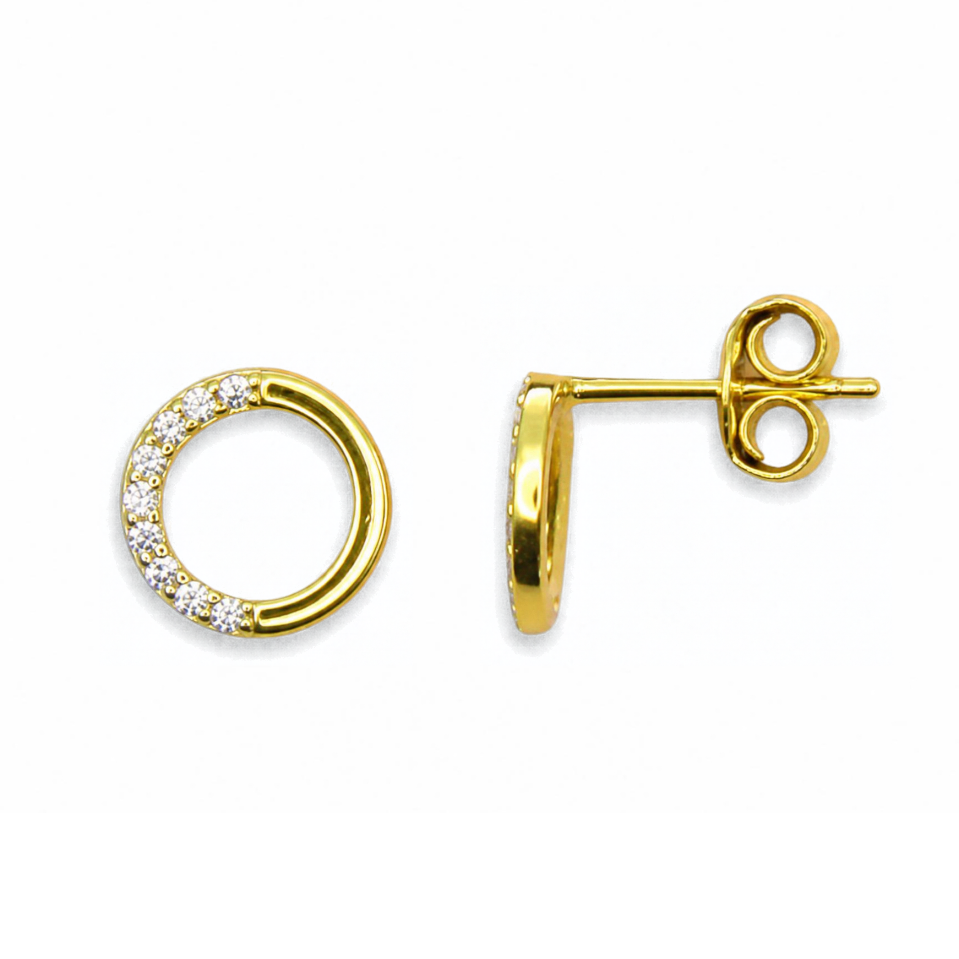 Sterling Silver Open Circle Stud Earrings, Gold Plated, Pave-Set CZ